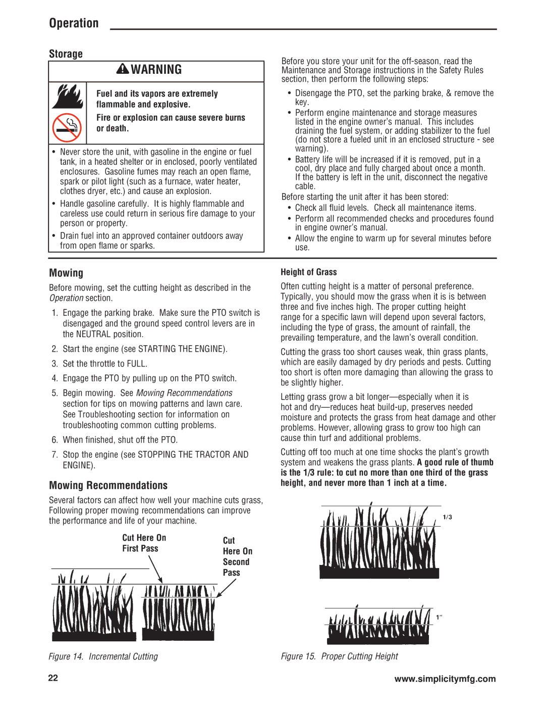 Simplicity ZT4000 Series manual Storage, Mowing Recommendations, Fire or explosion can cause severe burns or death 