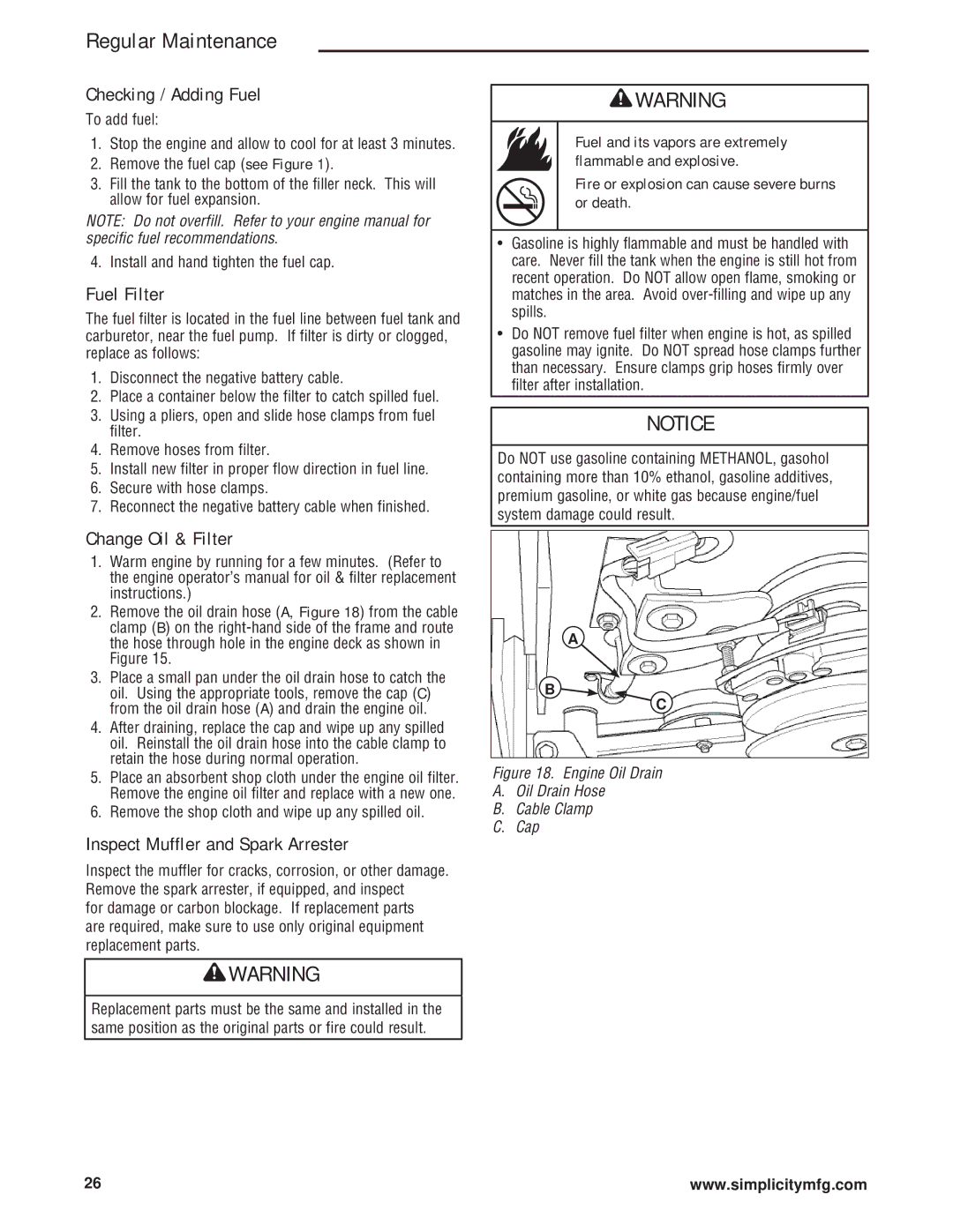 Simplicity ZT4000 Series Checking / Adding Fuel, Fuel Filter, Change Oil & Filter, Inspect Muffler and Spark Arrester 