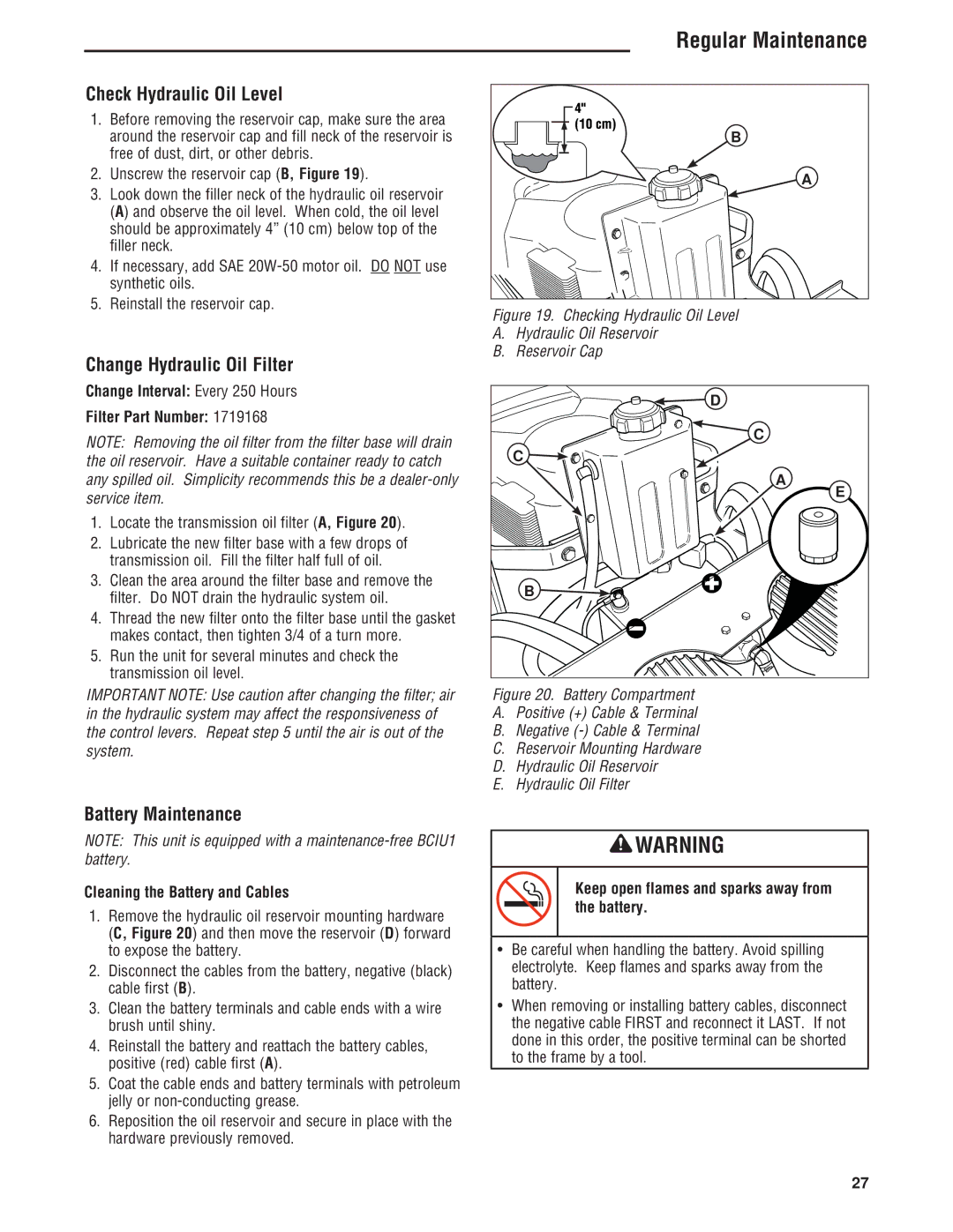 Simplicity ZT4000 Series manual Check Hydraulic Oil Level, Change Hydraulic Oil Filter, Battery Maintenance 