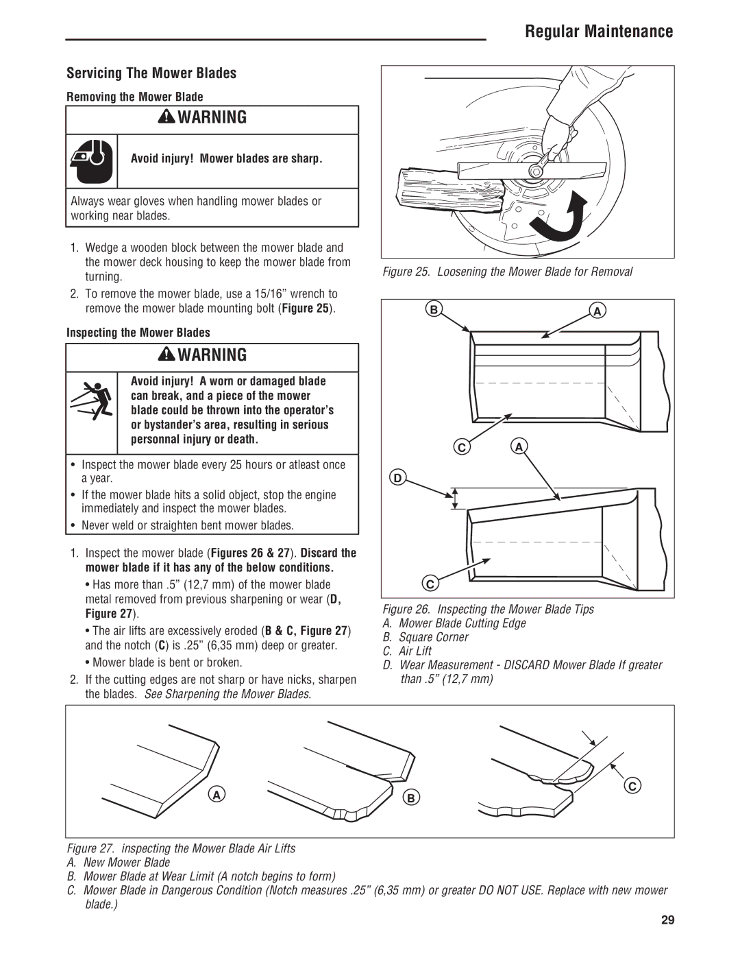 Simplicity ZT4000 Series manual Servicing The Mower Blades, Inspecting the Mower Blades 