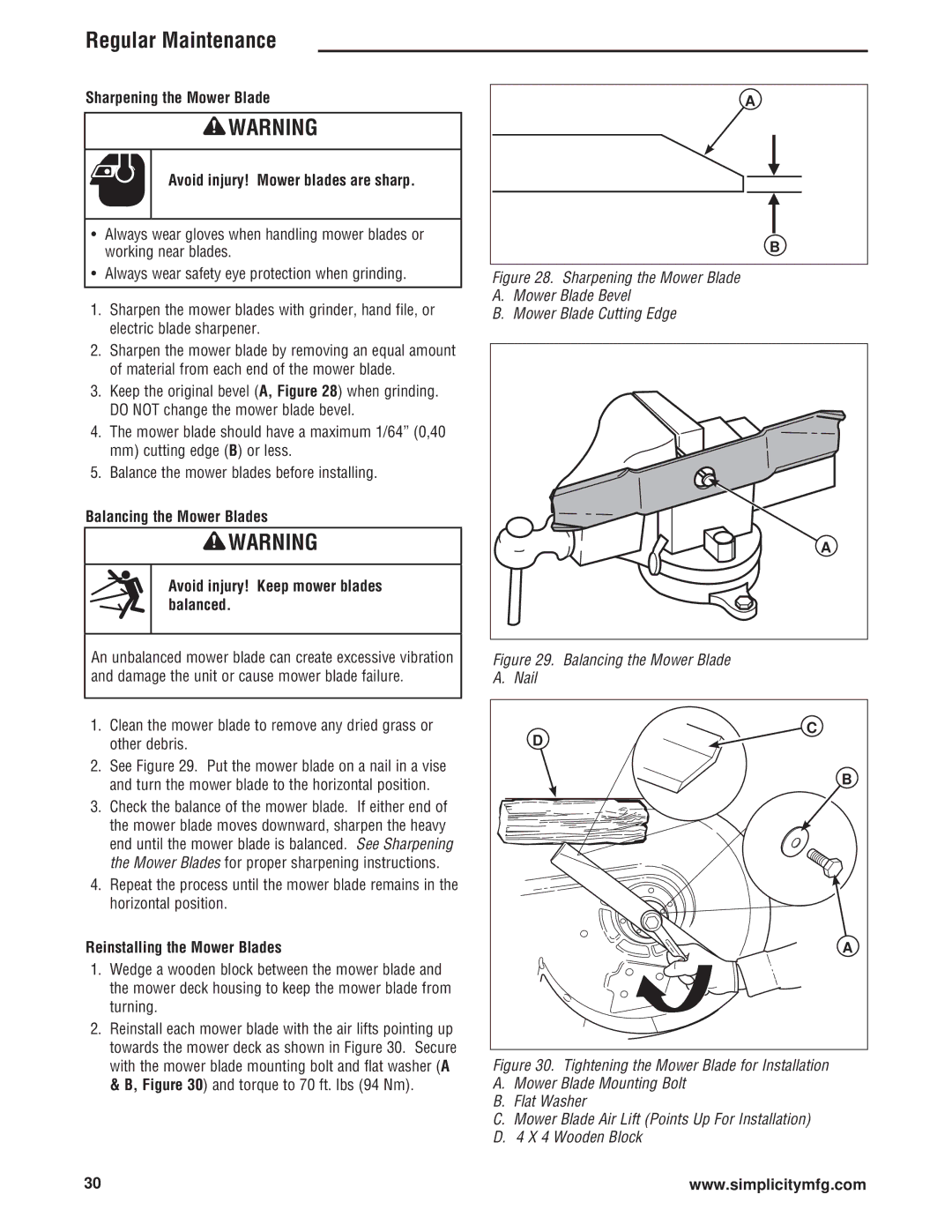 Simplicity ZT4000 Series manual Reinstalling the Mower Blades, Balancing the Mower Blade Nail 