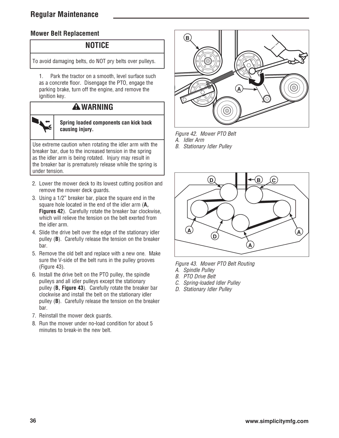 Simplicity ZT4000 Series manual Mower Belt Replacement, Mower PTO Belt Idler Arm Stationary Idler Pulley 