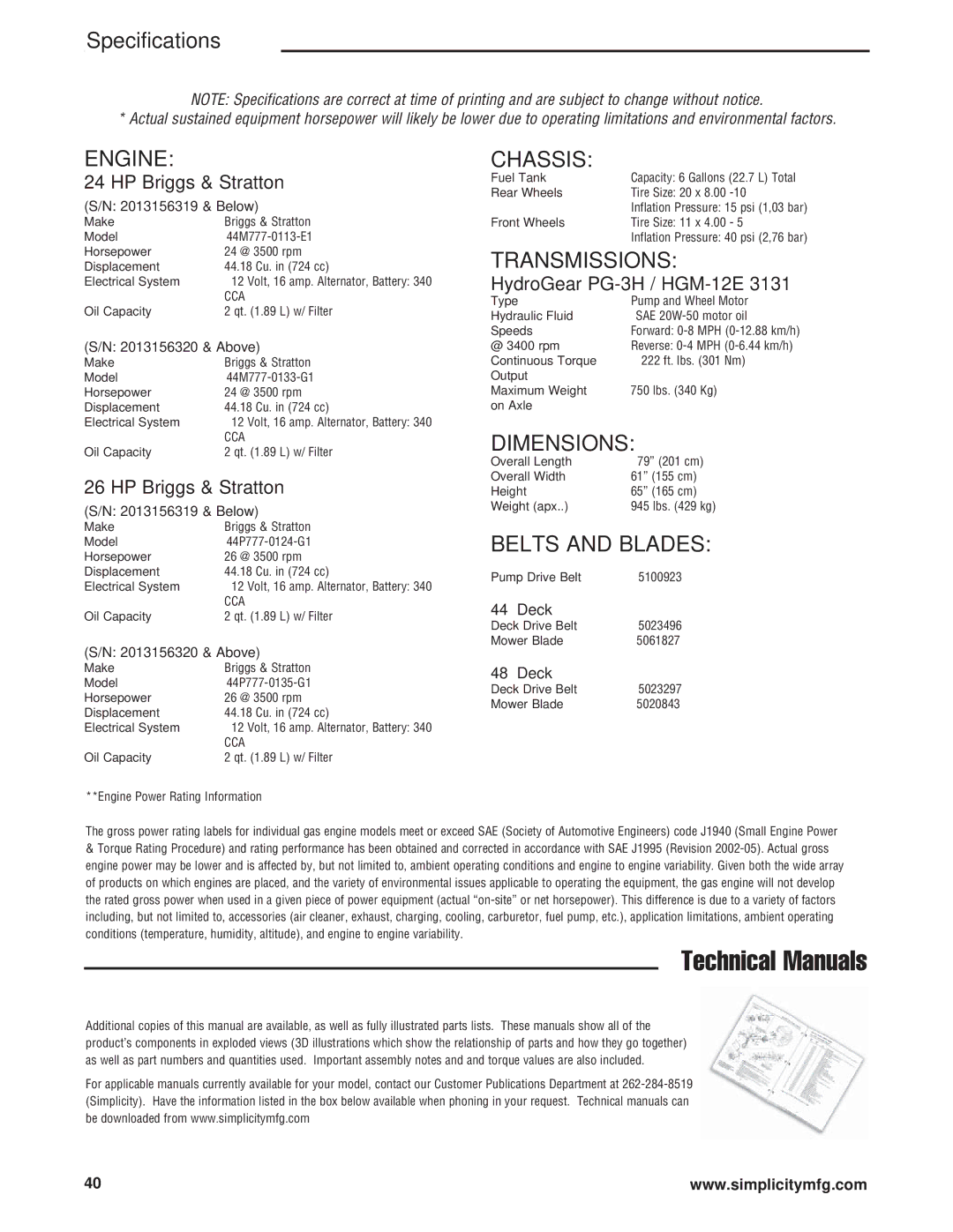 Simplicity ZT4000 Series manual HP Briggs & Stratton, HydroGear PG-3H / HGM-12E, Deck 