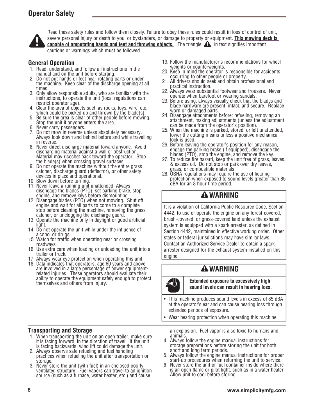 Simplicity ZT4000 Series manual General Operation, Transporting and Storage 