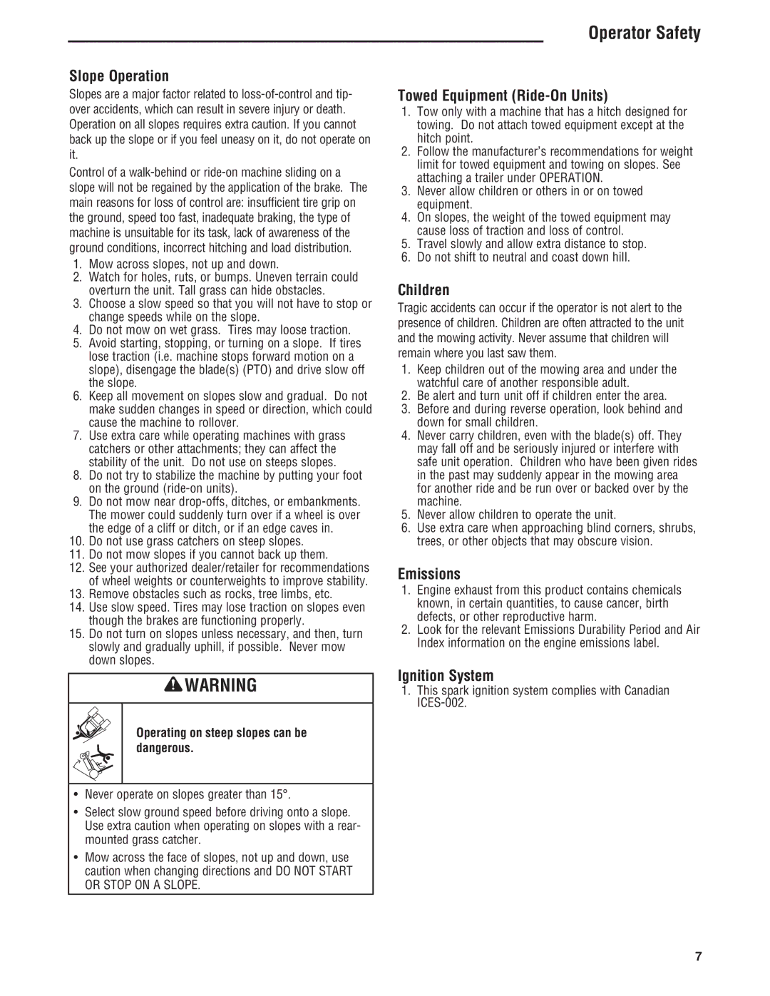 Simplicity ZT4000 Series manual Towed Equipment Ride-On Units, Emissions, Ignition System 