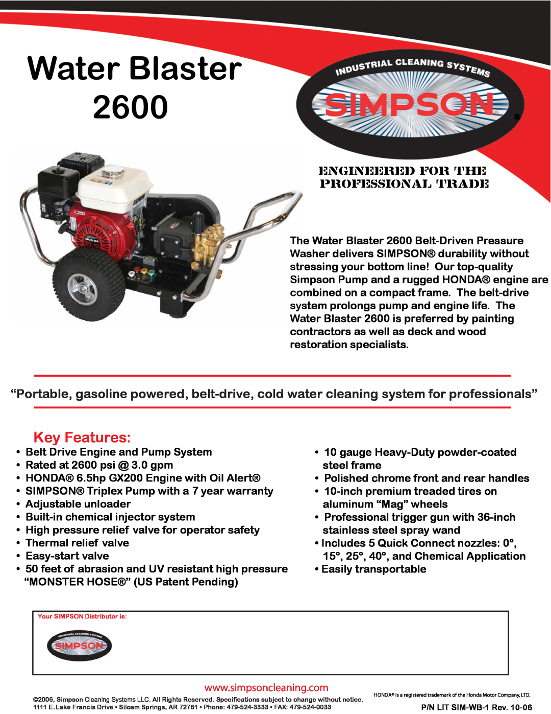 Simpson 2600 specifications Water Blaster, Key Features, Engineered For The Professional Trade 