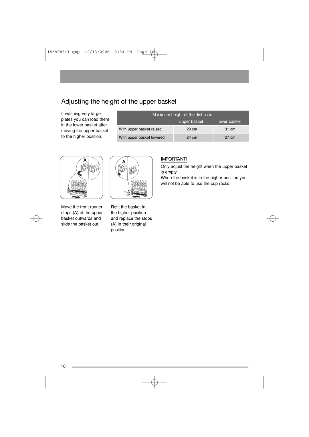 Simpson 52C850 user manual Adjusting the height of the upper basket 