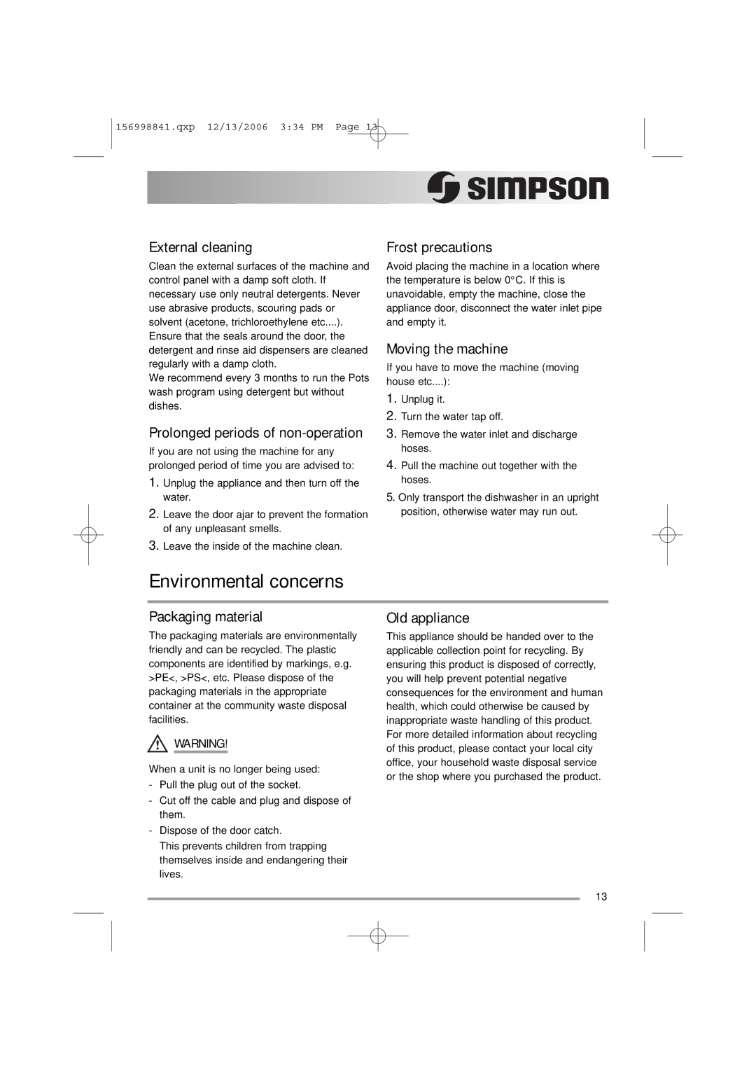 Simpson 52C850 user manual Environmental concerns 