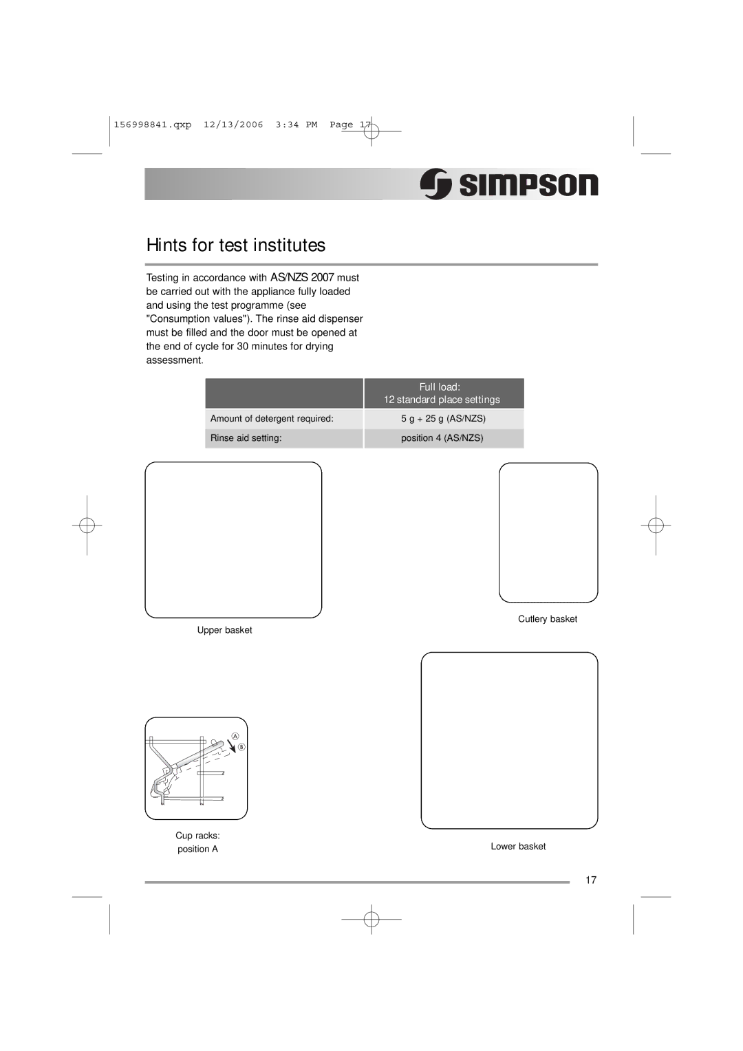 Simpson 52C850 user manual Hints for test institutes, Standard place settings 