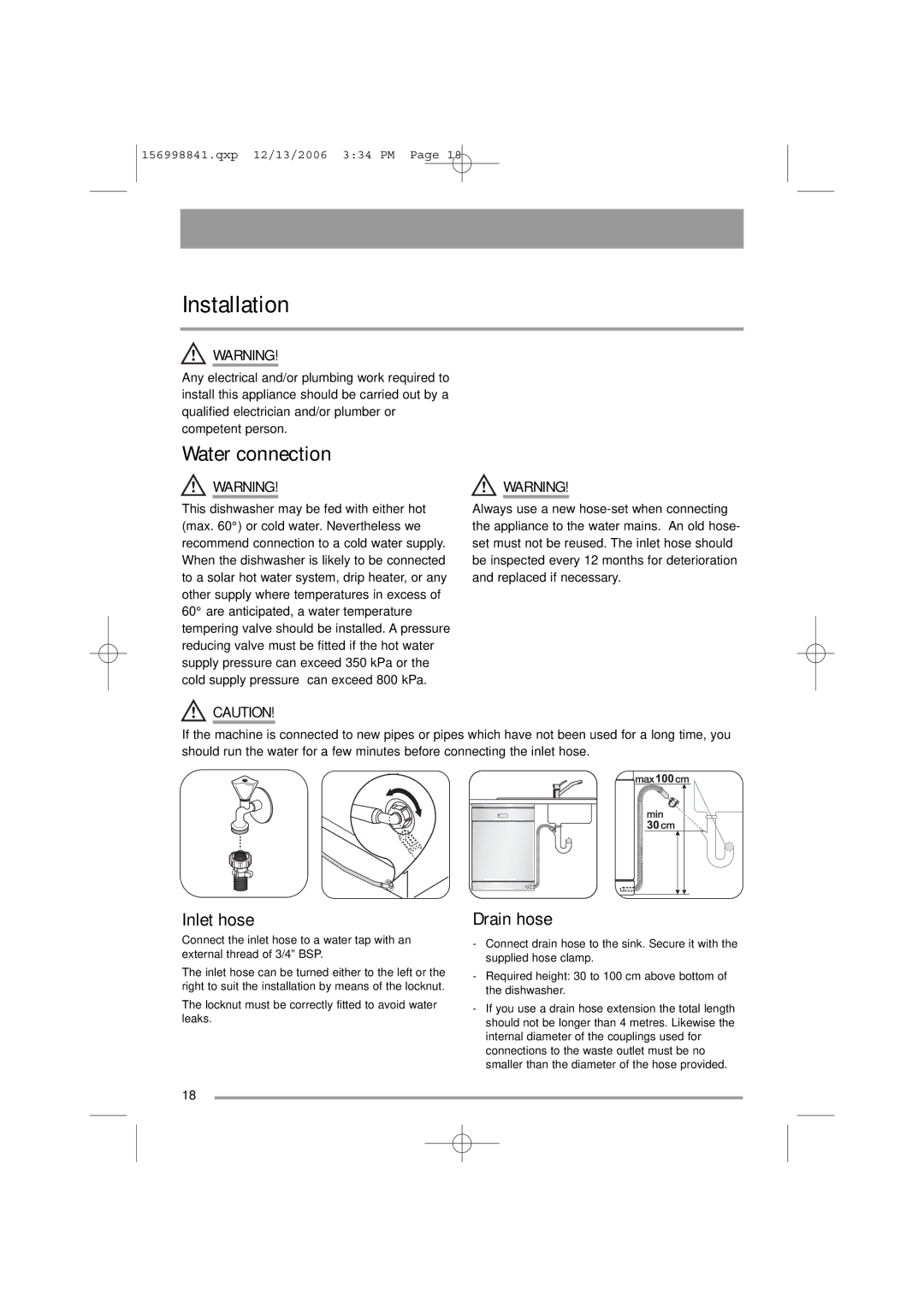 Simpson 52C850 user manual Installation, Water connection, Inlet hose, Drain hose 