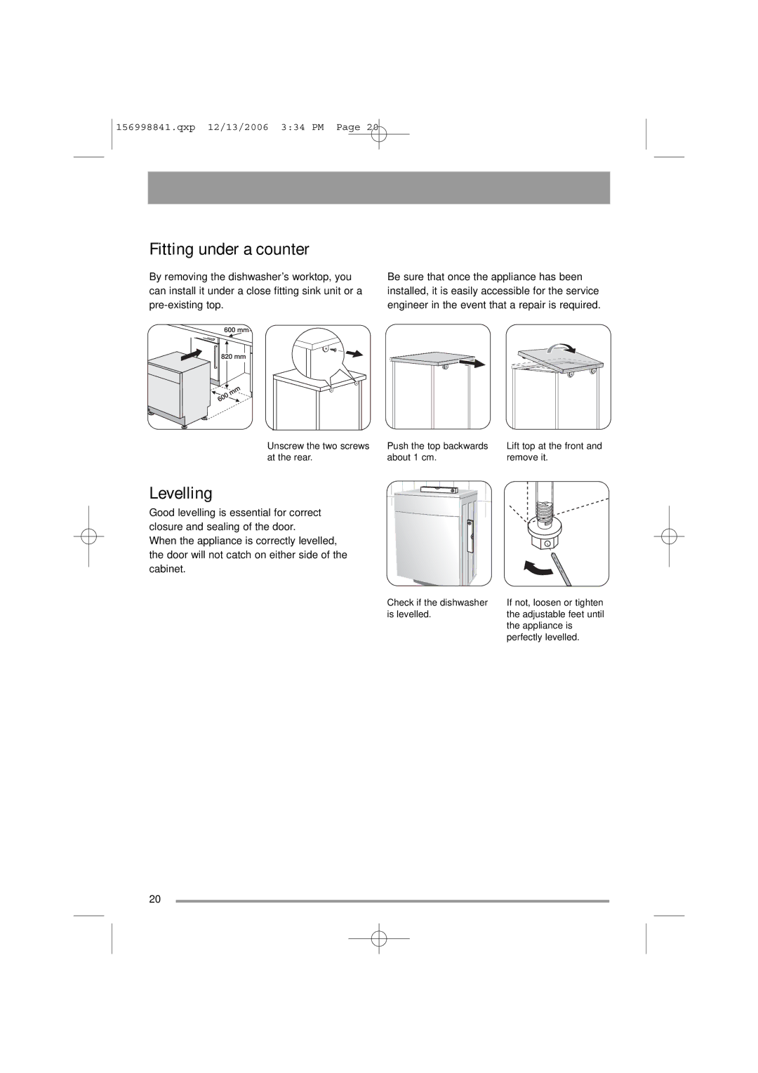 Simpson 52C850 user manual Fitting under a counter, Levelling 