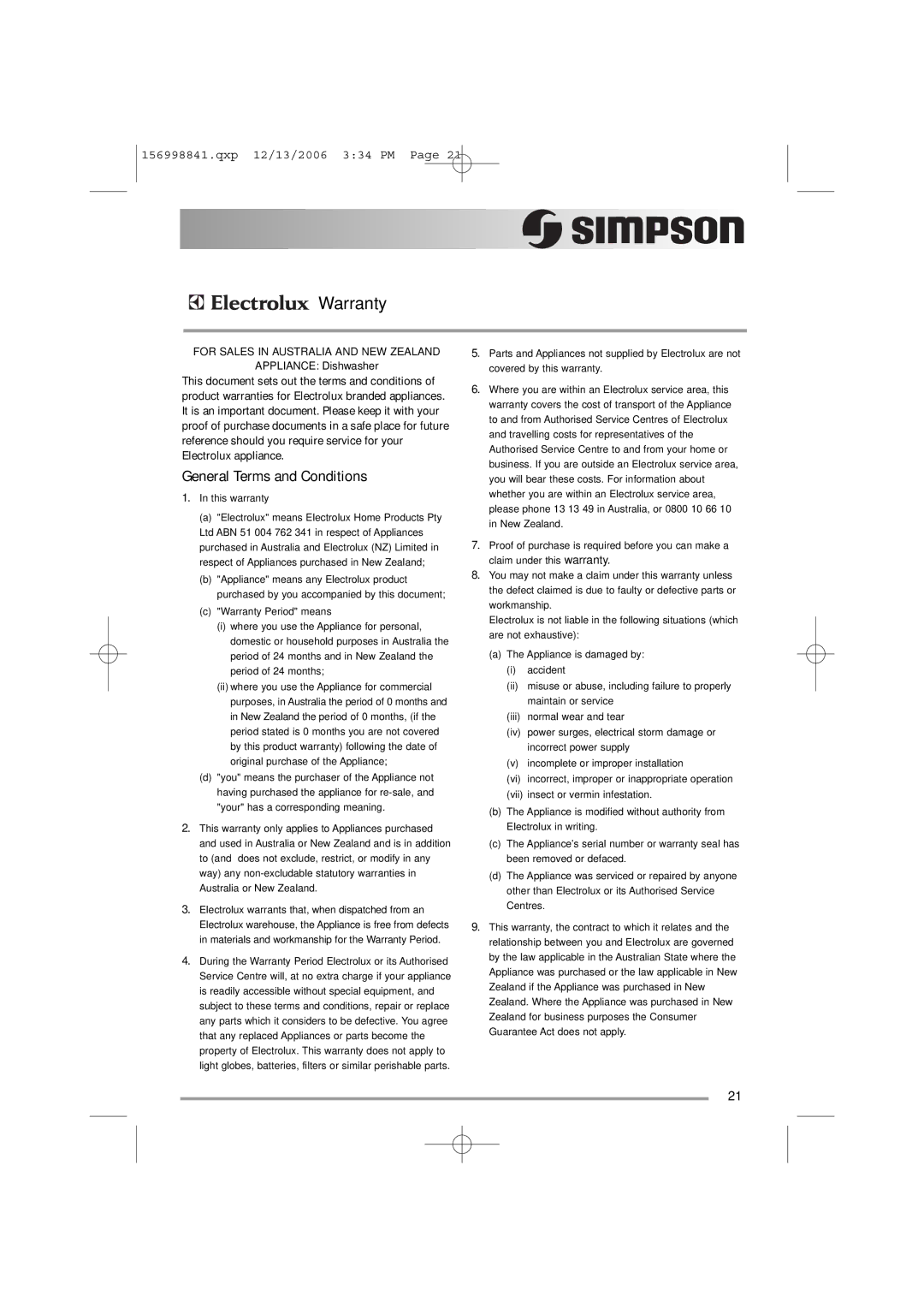 Simpson 52C850 user manual Warranty, General Terms and Conditions 