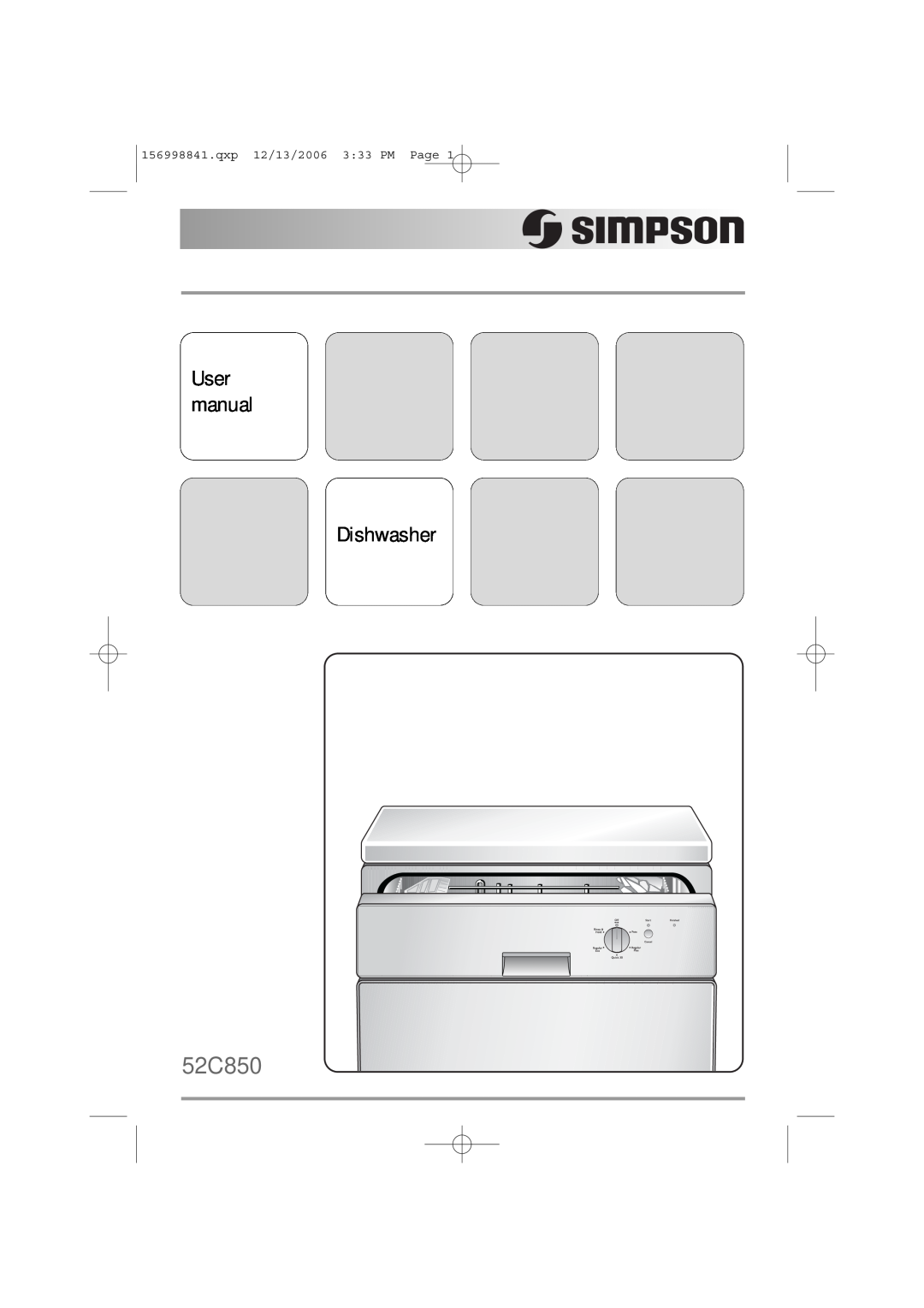 Simpson 52C850 user manual Dishwasher, qxp 12/13/2006 3 33 PM Page 