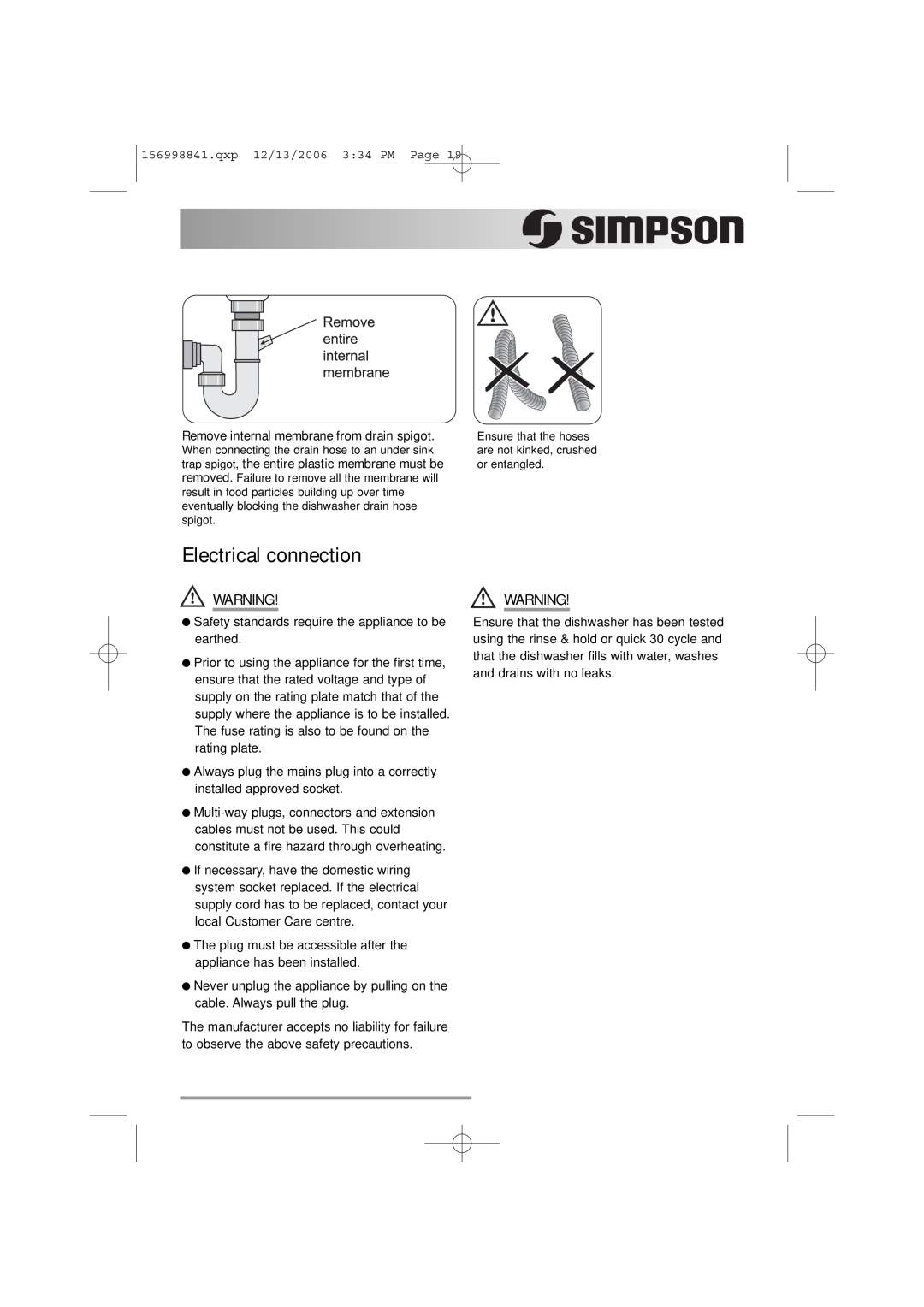 Simpson 52C850 user manual Electrical connection 