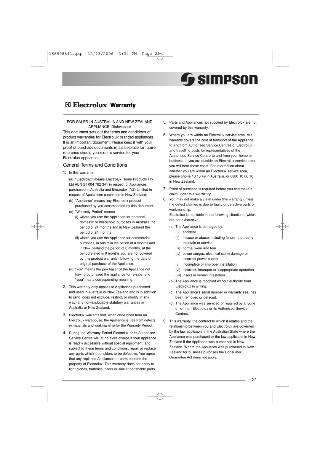 Simpson 52C850 user manual General Terms and Conditions, Warranty 