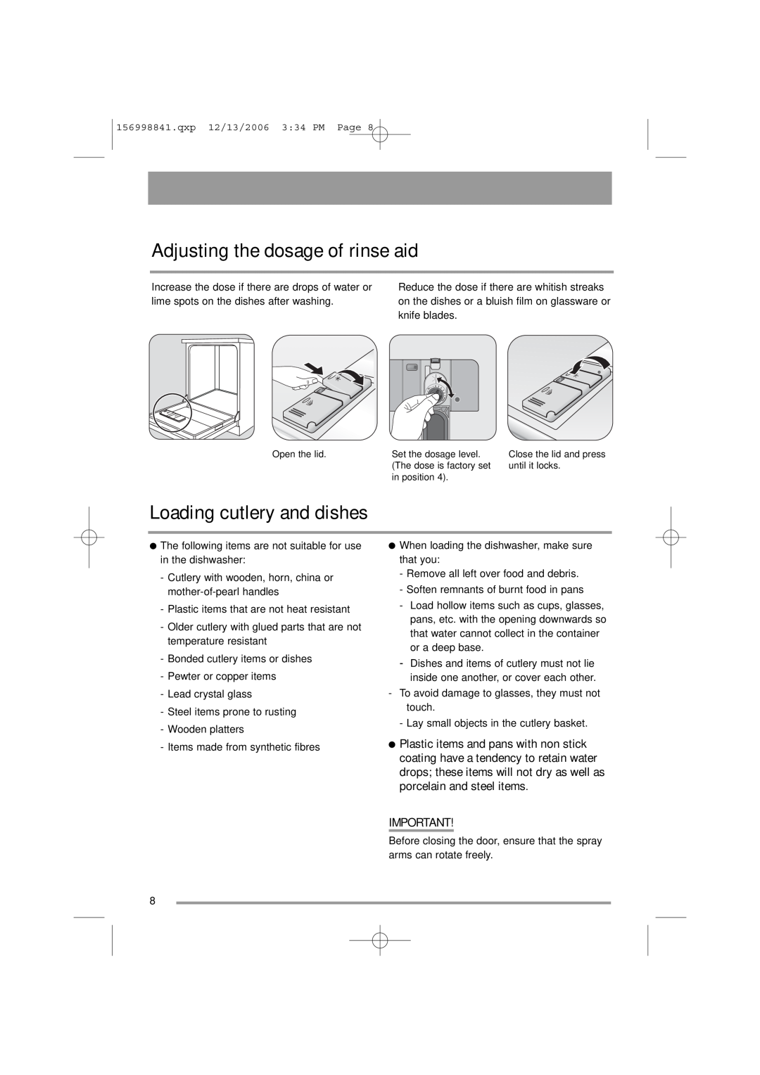 Simpson 52C850 user manual Adjusting the dosage of rinse aid, Loading cutlery and dishes 