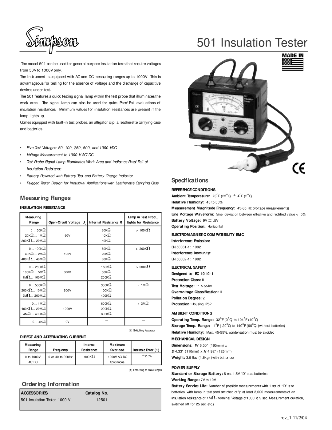 Simpson Electric 501 specifications Measuring Ranges, Ordering Information, Specifications 