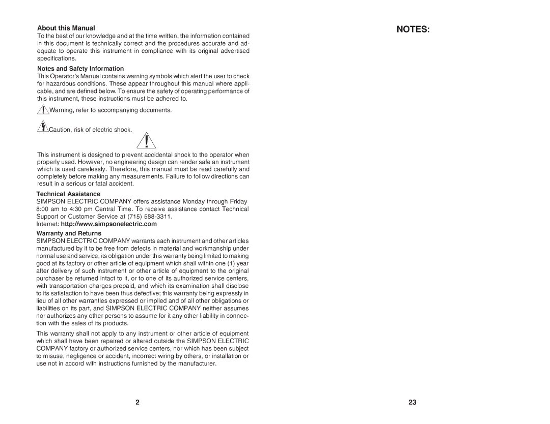 Simpson Electric H340 manual Technical Assistance, Warranty and Returns 