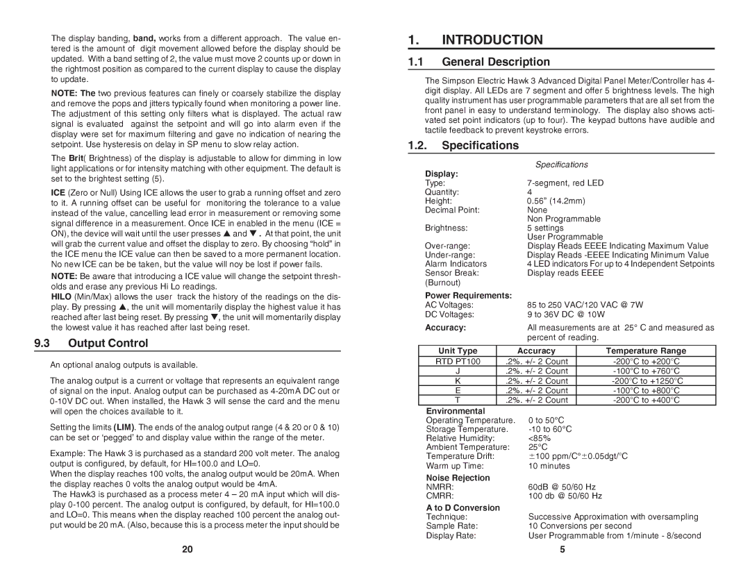 Simpson Electric H340 manual Introduction, Output Control, General Description, Specifications 