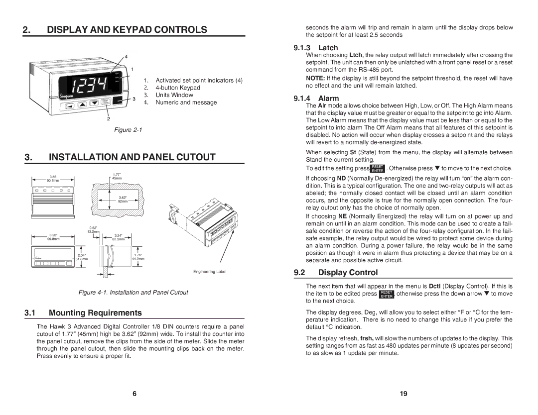 Simpson Electric H340 Display and Keypad Controls, Installation and Panel Cutout, Display Control, Mounting Requirements 