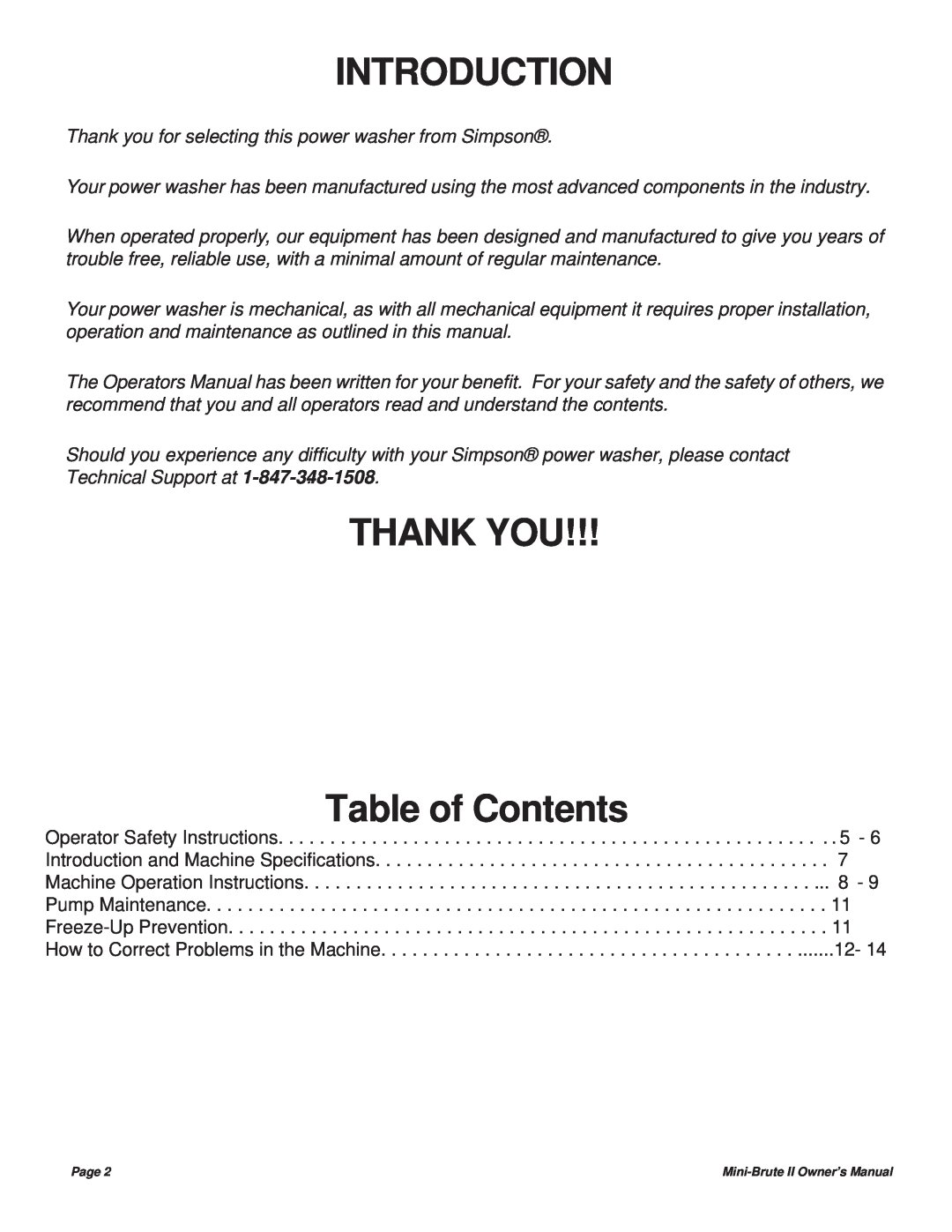 Simpson MBII manual Introduction, THANK YOU Table of Contents, Operator Safety Instructions, Machine Operation Instructions 