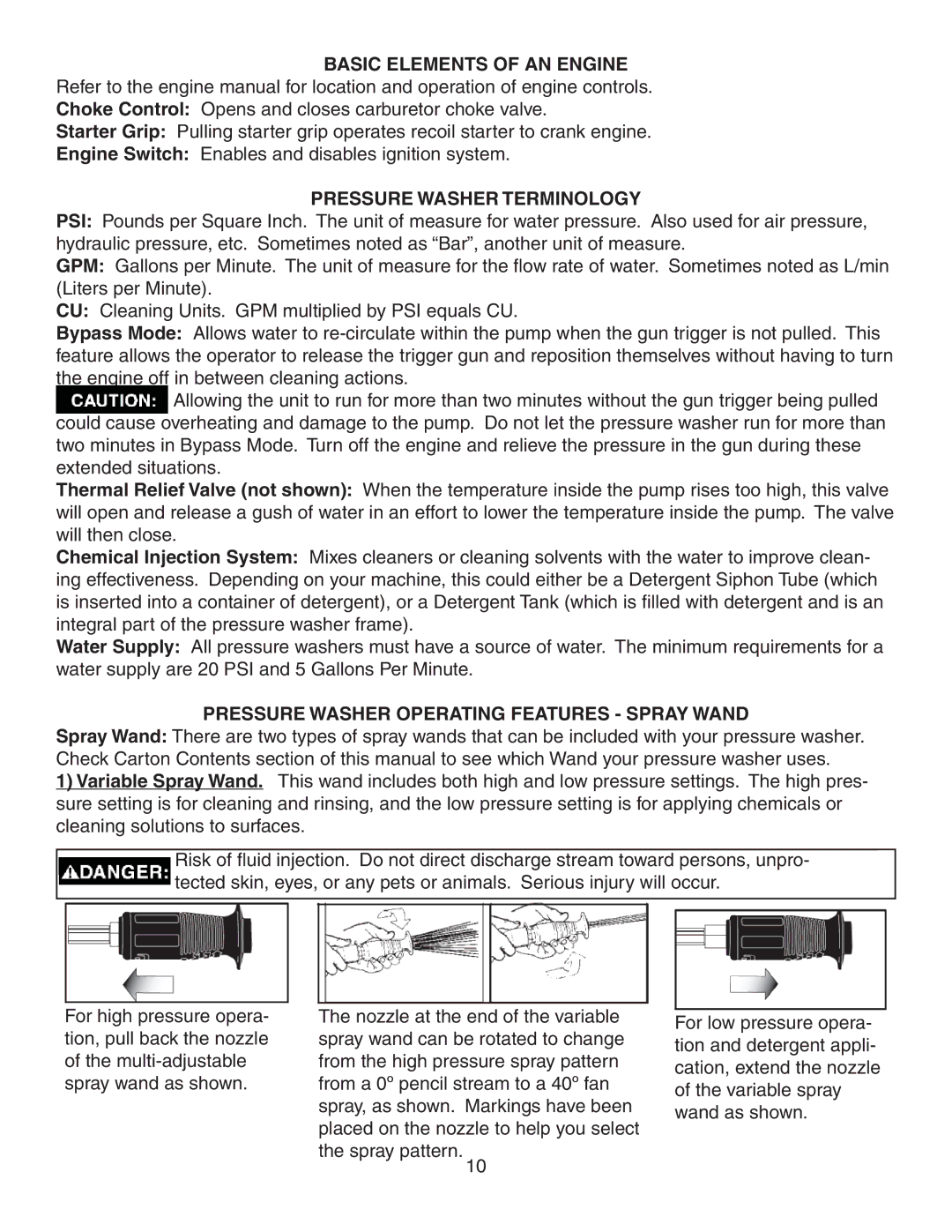 Simpson MSV3000 Basic Elements of AN Engine, Pressure Washer Terminology, Pressure Washer Operating Features Spray Wand 