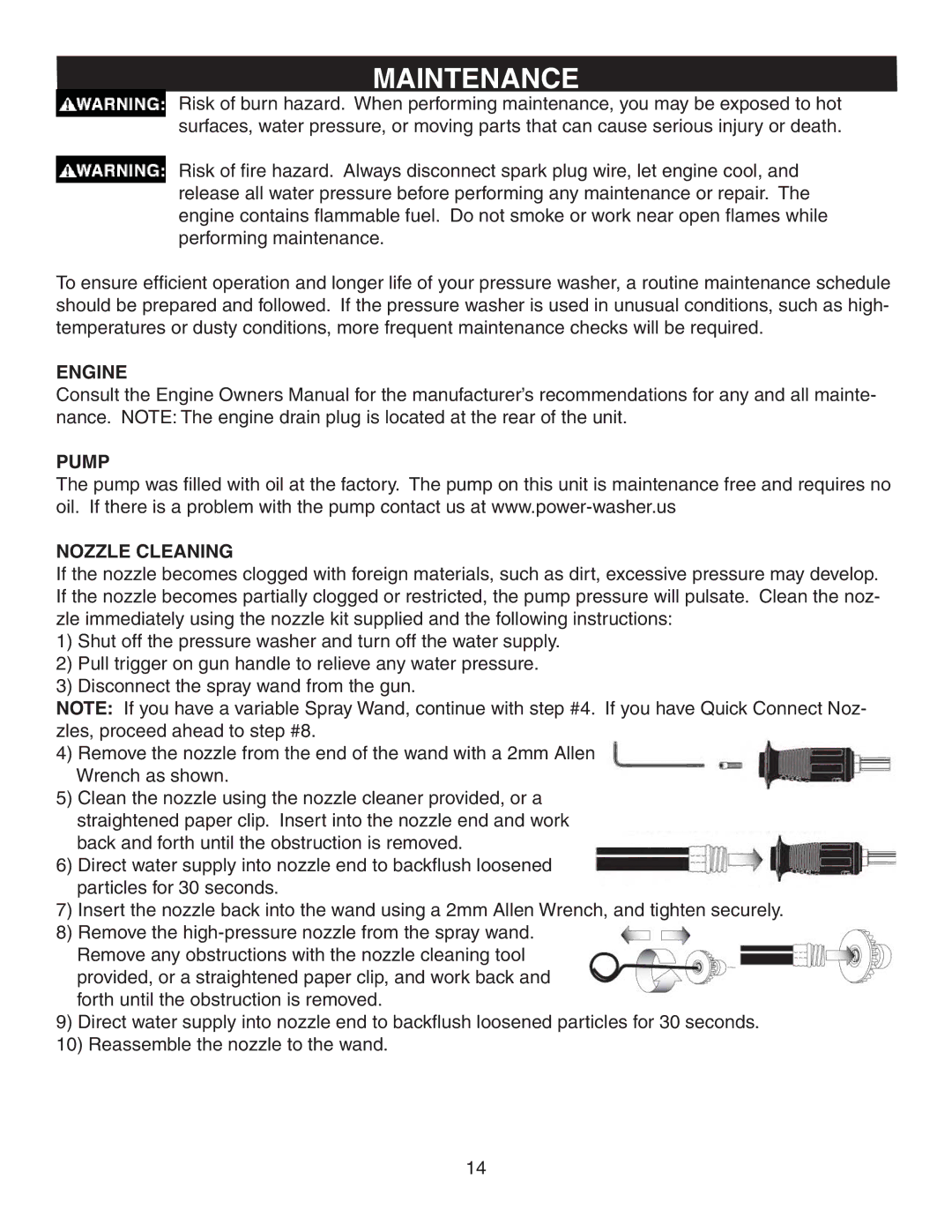 Simpson MSV3000, MSV2600 warranty Maintenance, Engine Pump Nozzle Cleaning 