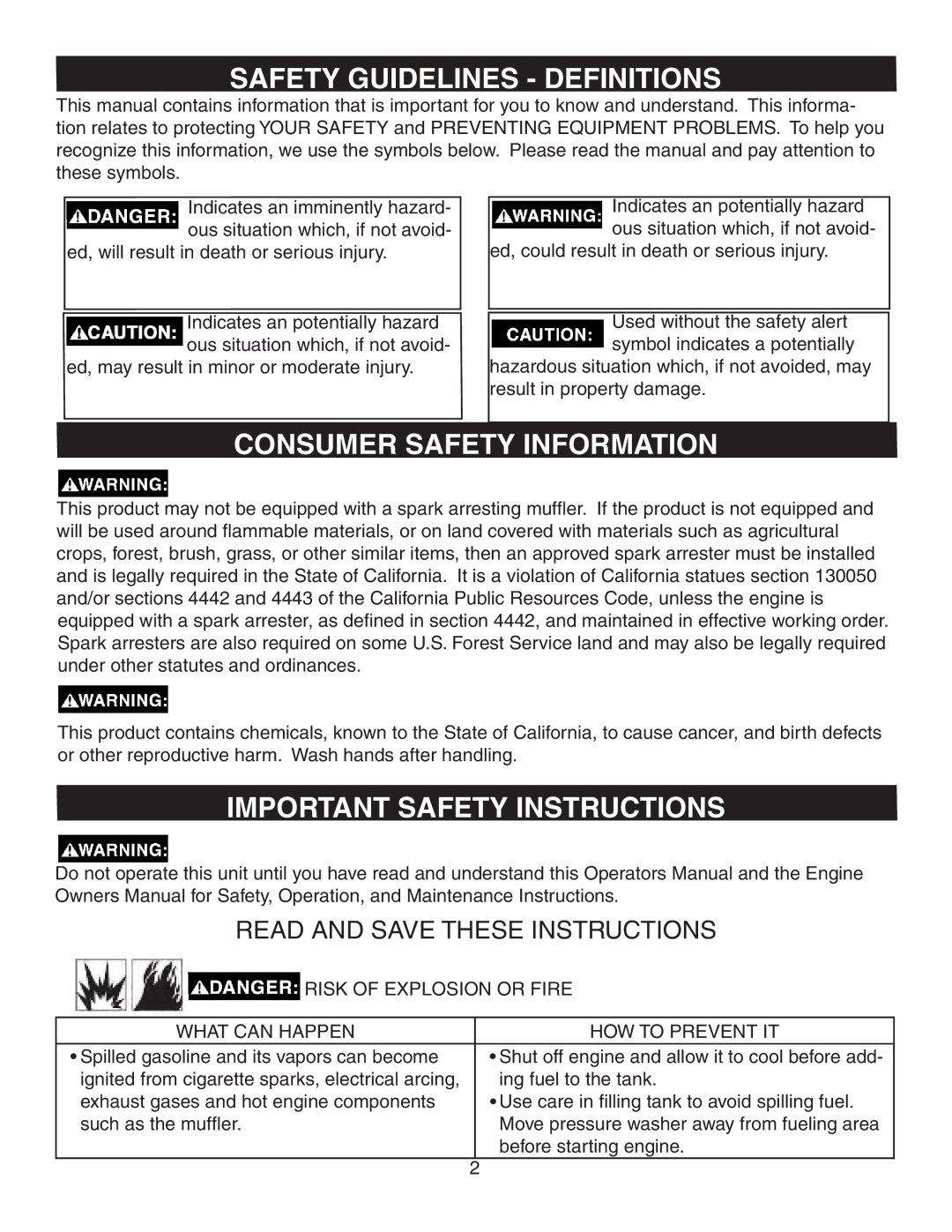 Simpson MSV3000, MSV2600 warranty Safety Guidelines Definitions, Consumer Safety Information, Important Safety Instructions 