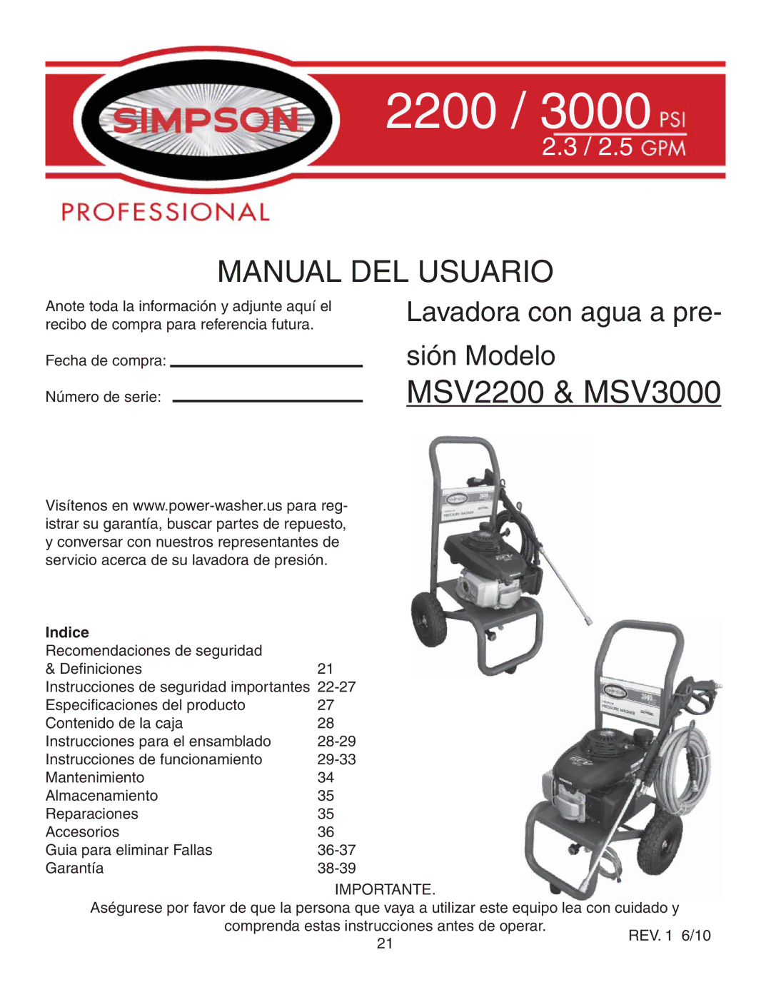 Simpson MSV2600, MSV3000 warranty Indice, Importante 