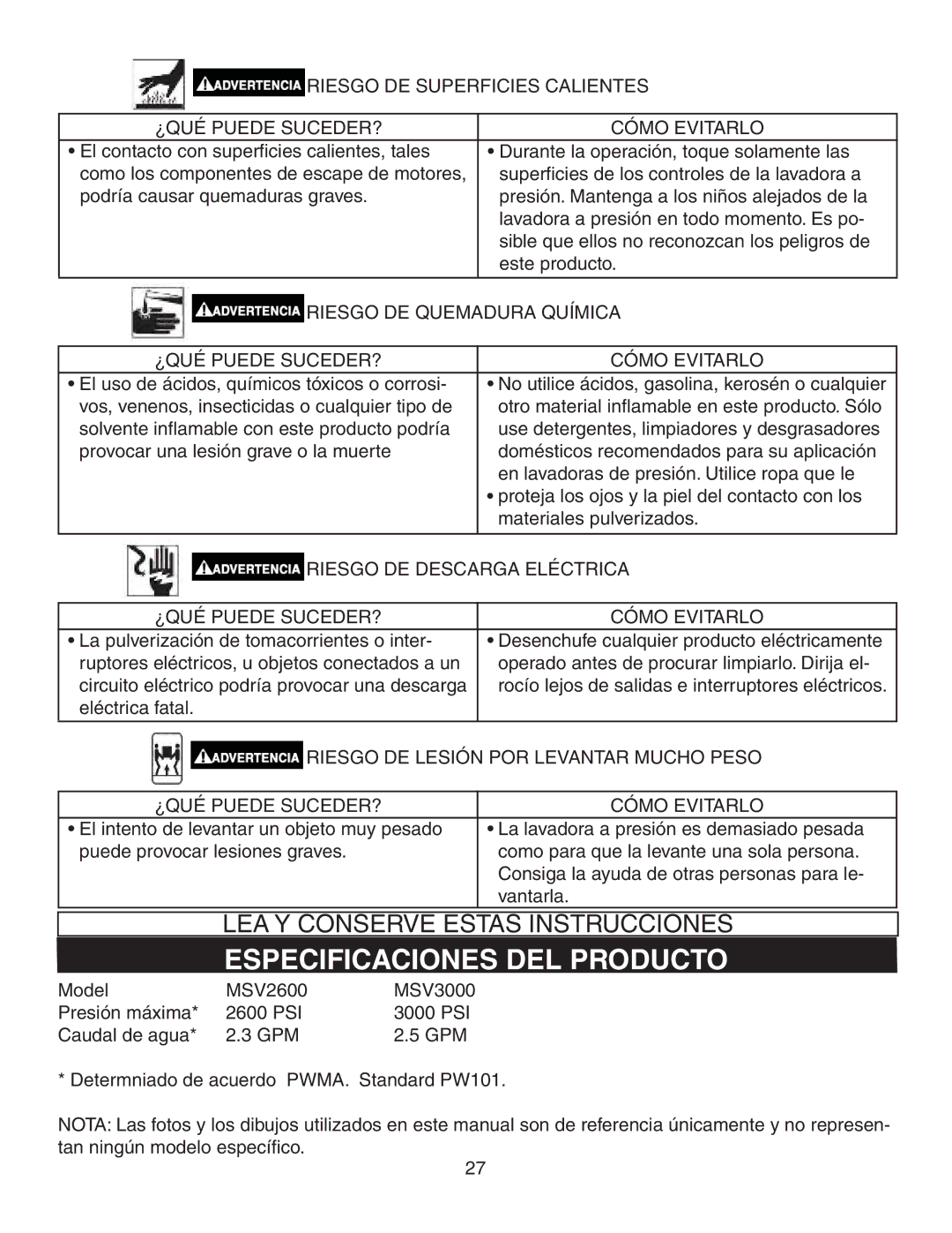 Simpson MSV2600, MSV3000 warranty Especificaciones DEL Producto, Riesgo DE Quemadura Química, Riesgo DE Descarga Eléctrica 