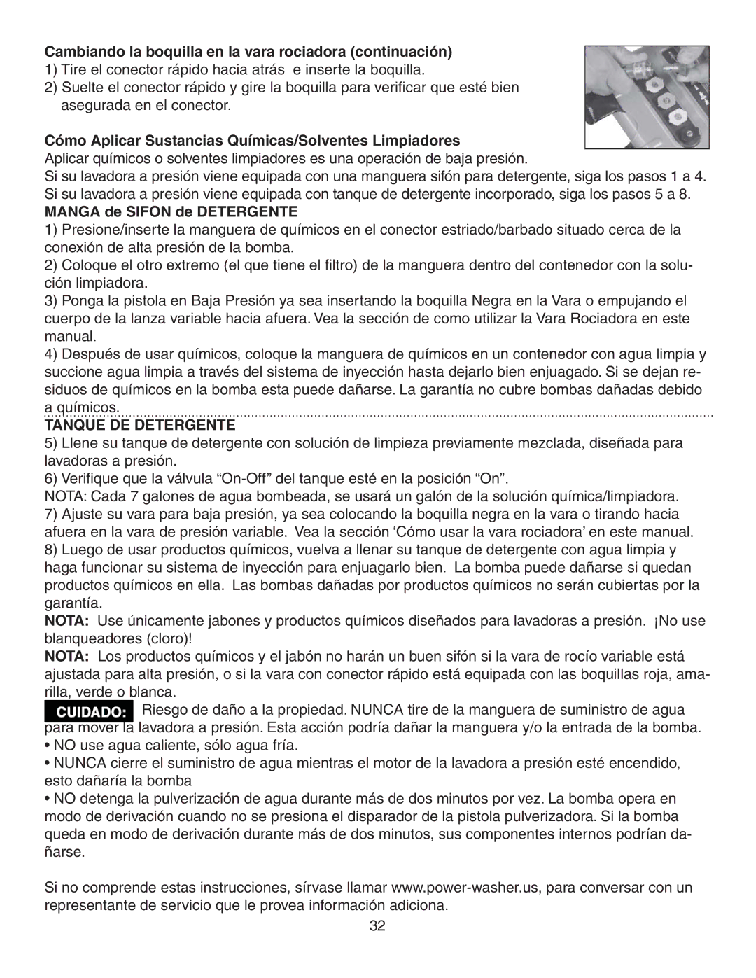 Simpson MSV3000, MSV2600 warranty Cambiando la boquilla en la vara rociadora continuación, Manga de Sifon de Detergente 