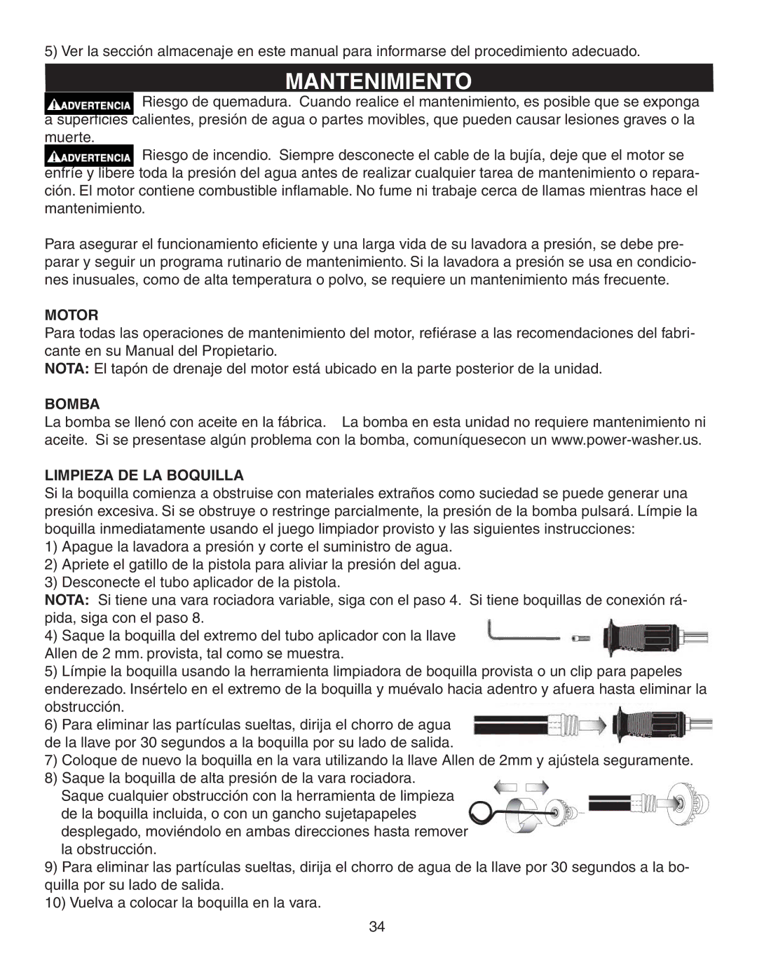 Simpson MSV3000, MSV2600 warranty Mantenimiento, Motor, Bomba Limpieza DE LA Boquilla 