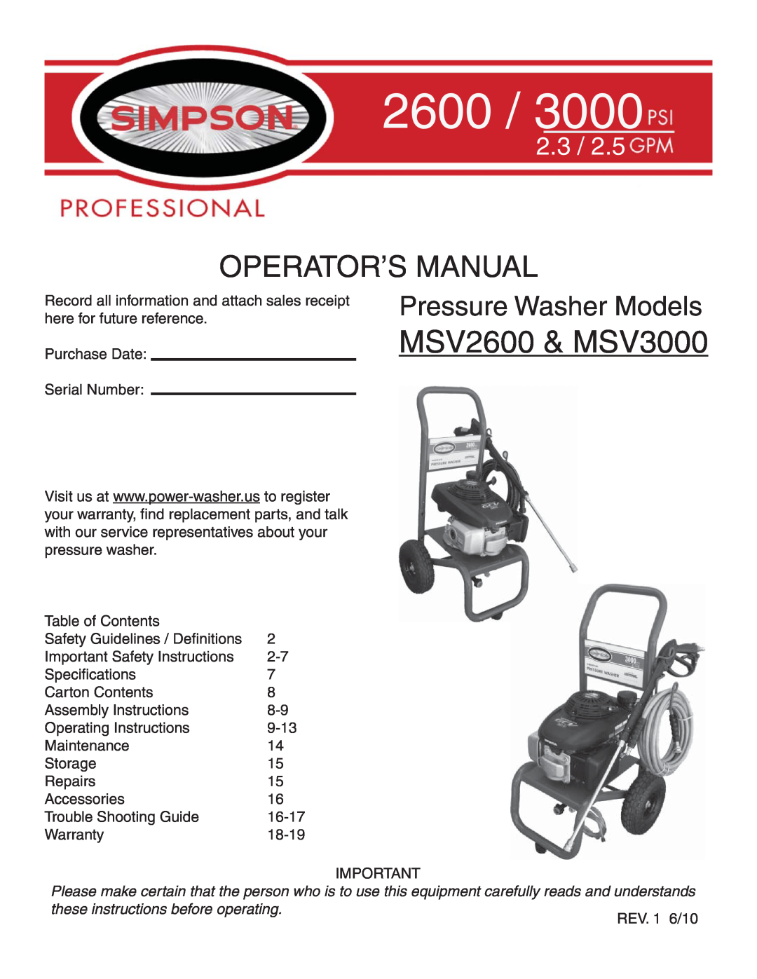 Simpson warranty MSV2600 & MSV3000, Operator’S Manual, Pressure Washer Models, 2.3 