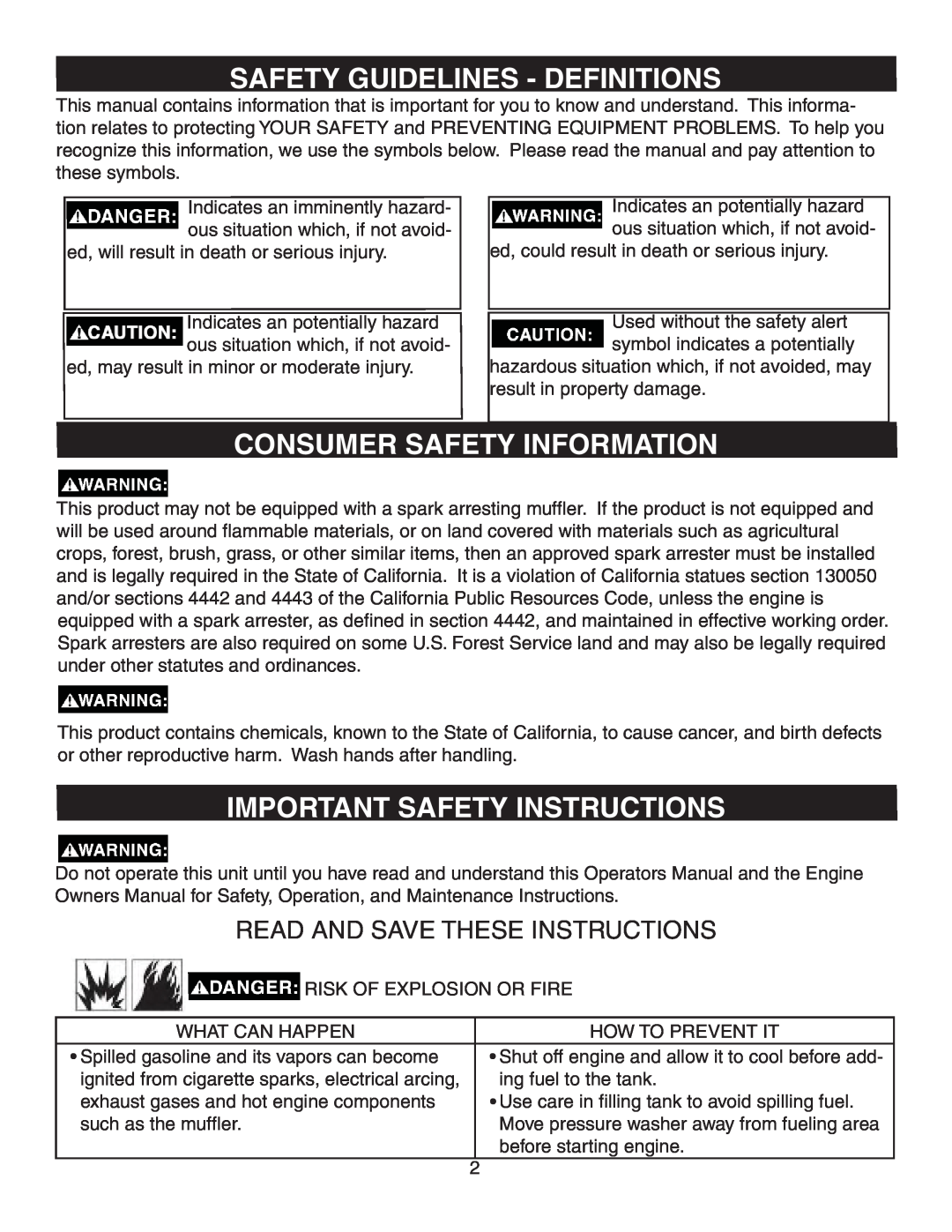 Simpson MSV3000, MSV2600 Safety Guidelines - Definitions, Consumer Safety Information, Important Safety Instructions 