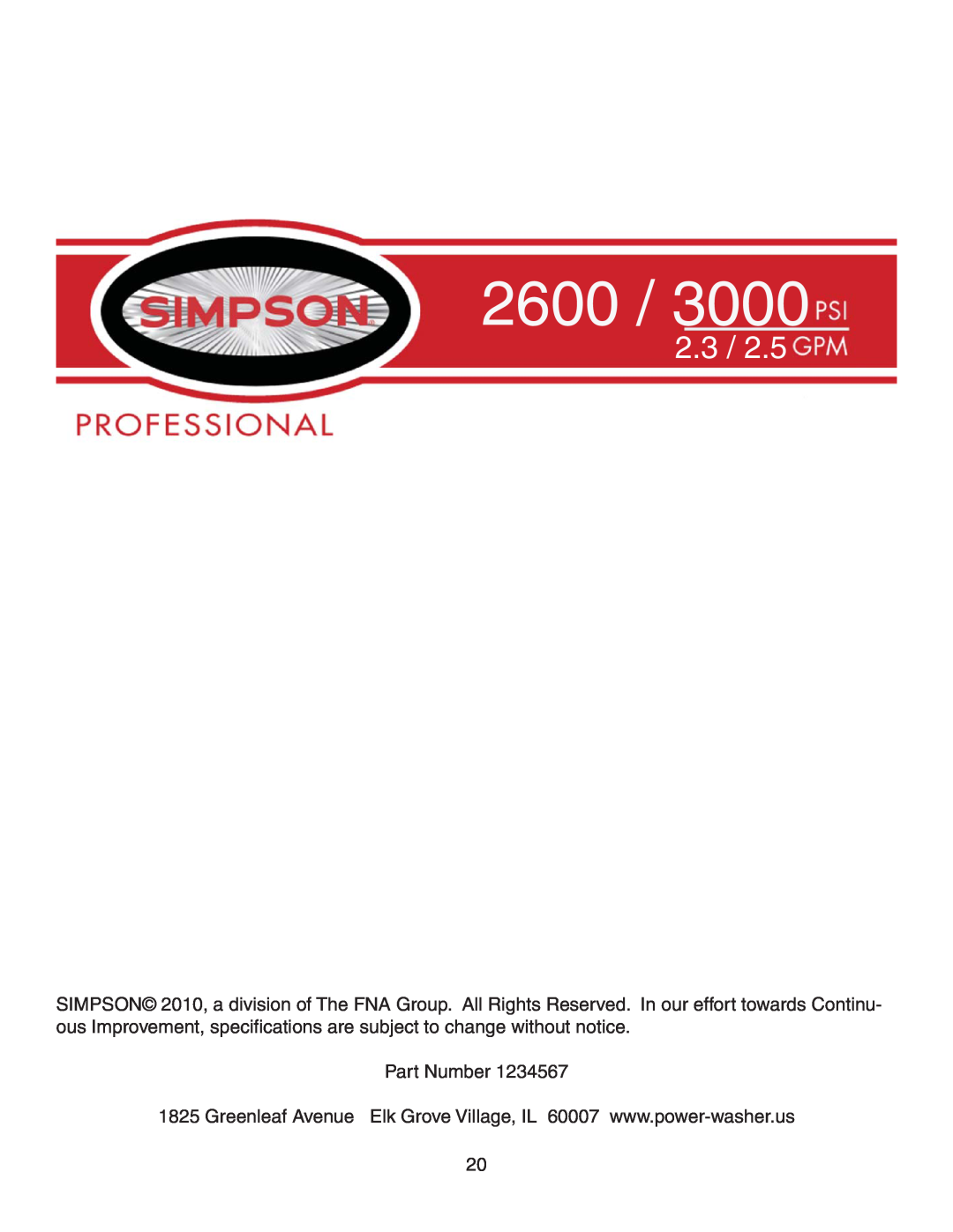 Simpson MSV3000, MSV2600 warranty 2.3, Part Number 