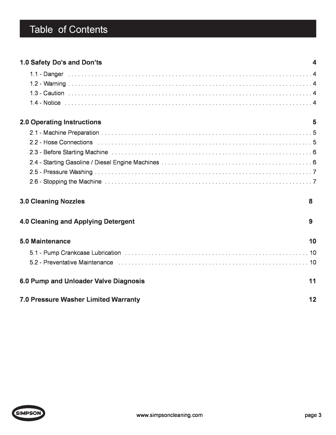 Simpson PS3000 manual Table of Contents 