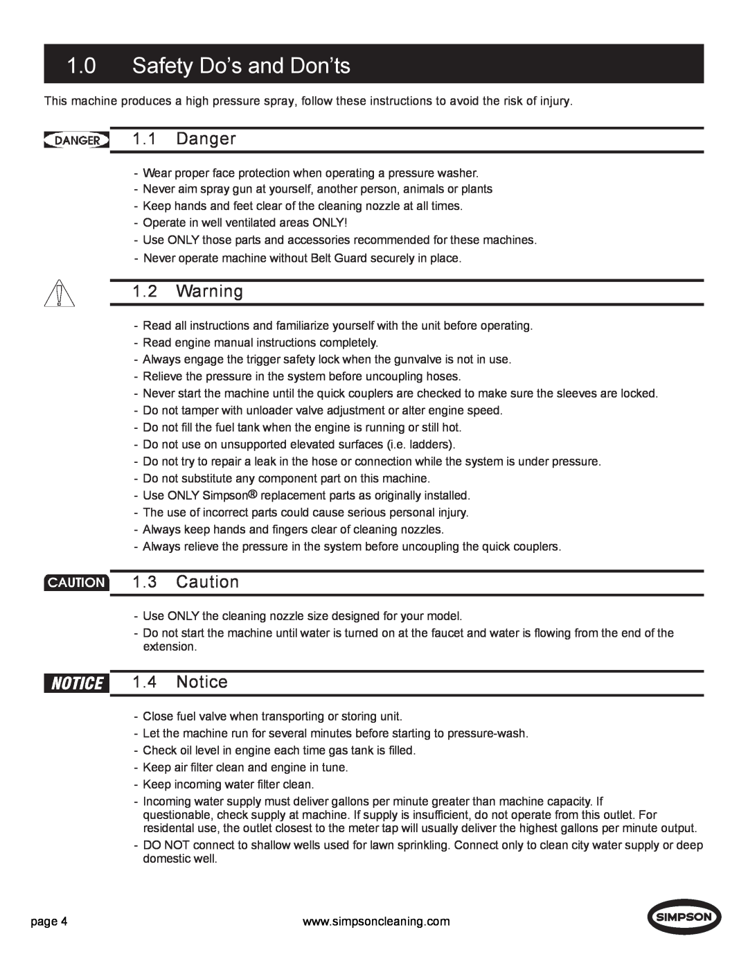 Simpson PS3000 manual 1.0Safety Do’s and Don’ts, Danger 