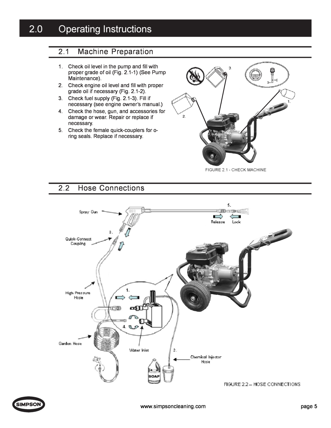 Simpson PS3000 manual 2.0Operating Instructions, 2.1Machine Preparation, 2.2Hose Connections 