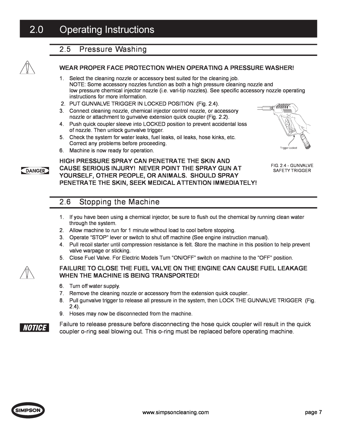 Simpson PS3000 manual 2.5Pressure Washing, 2.6Stopping the Machine, 2.0Operating Instructions 