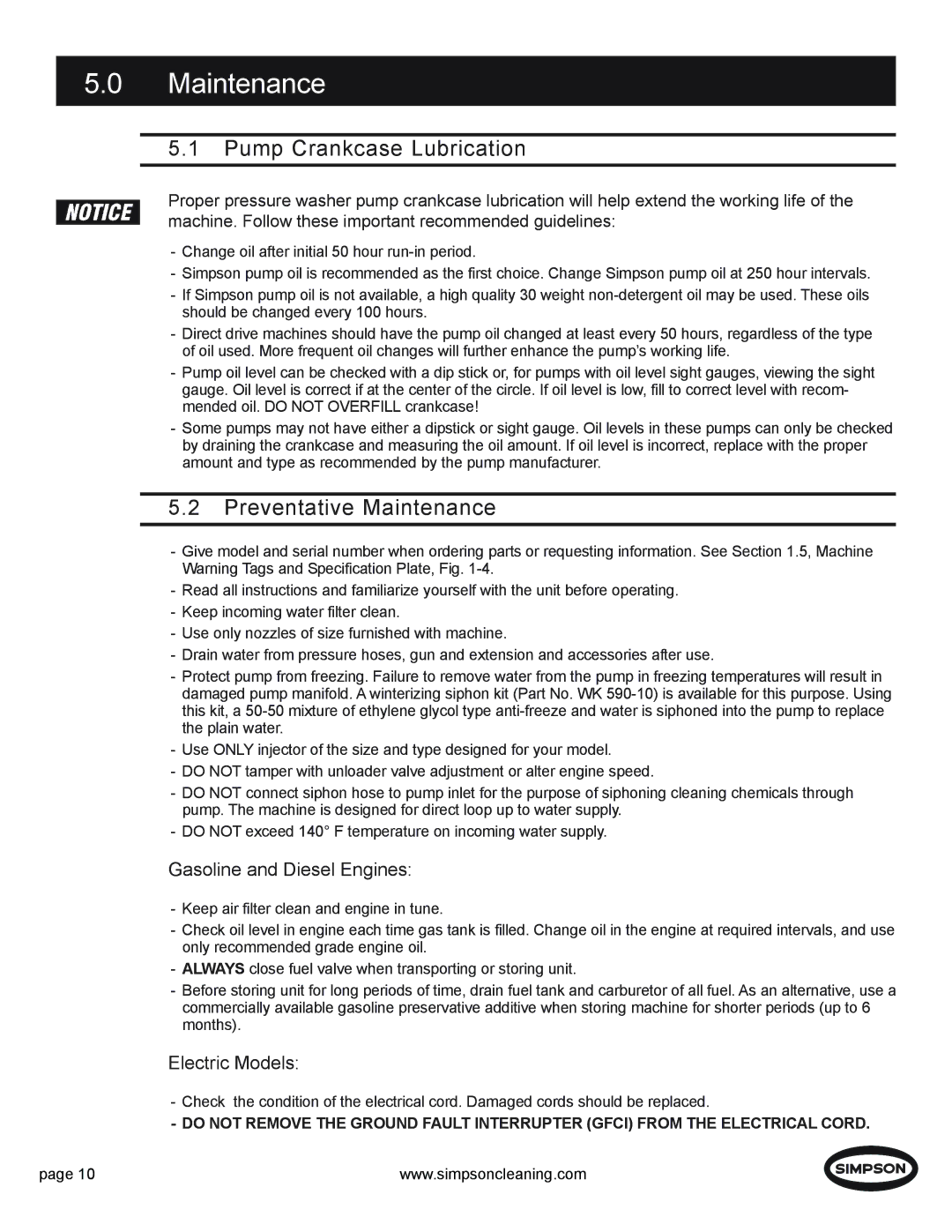 Simpson PS4240H manual Pump Crankcase Lubrication, Preventative Maintenance 