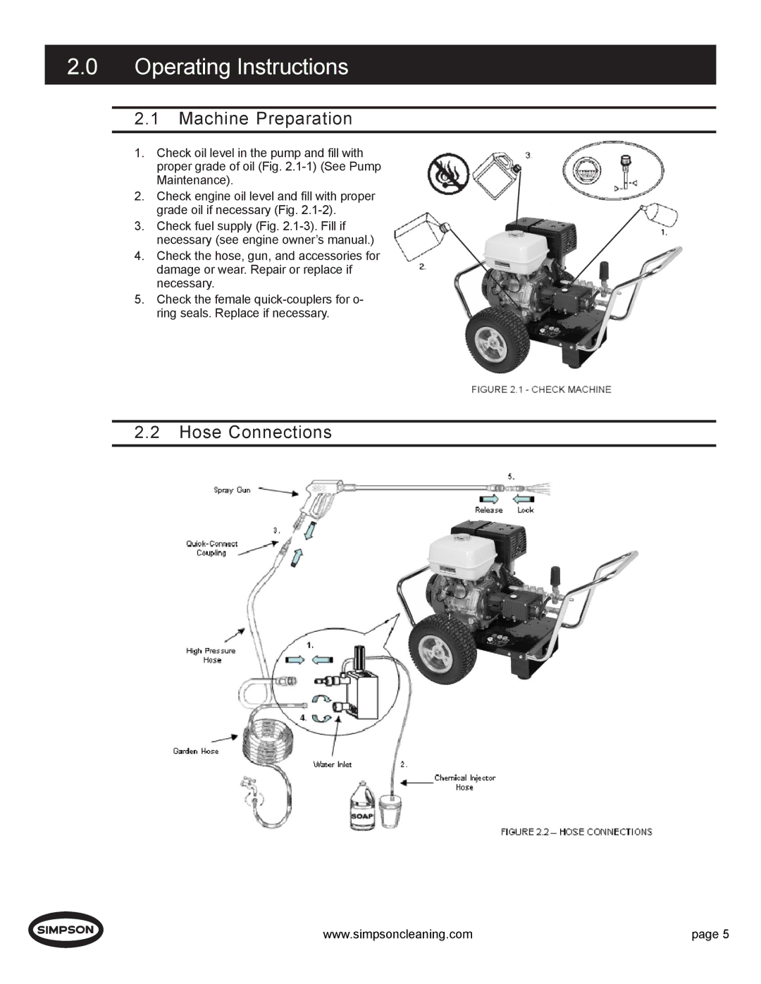 Simpson PS4240H manual Operating Instructions, Machine Preparation, Hose Connections 