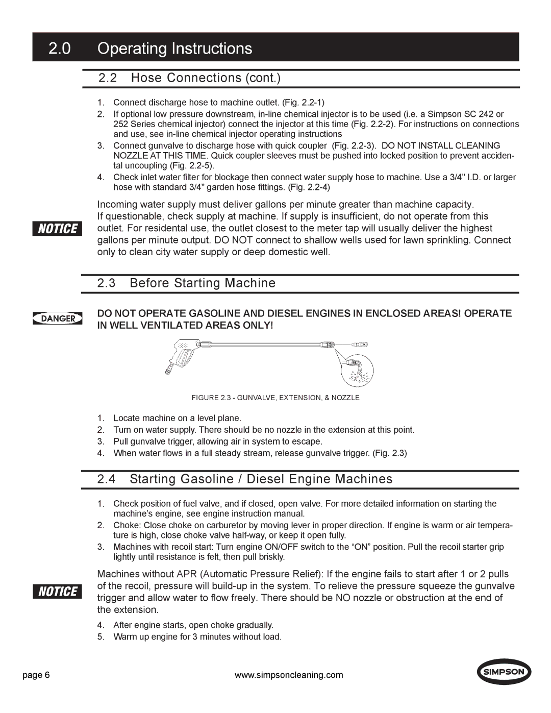 Simpson PS4240H manual Before Starting Machine, Starting Gasoline / Diesel Engine Machines 