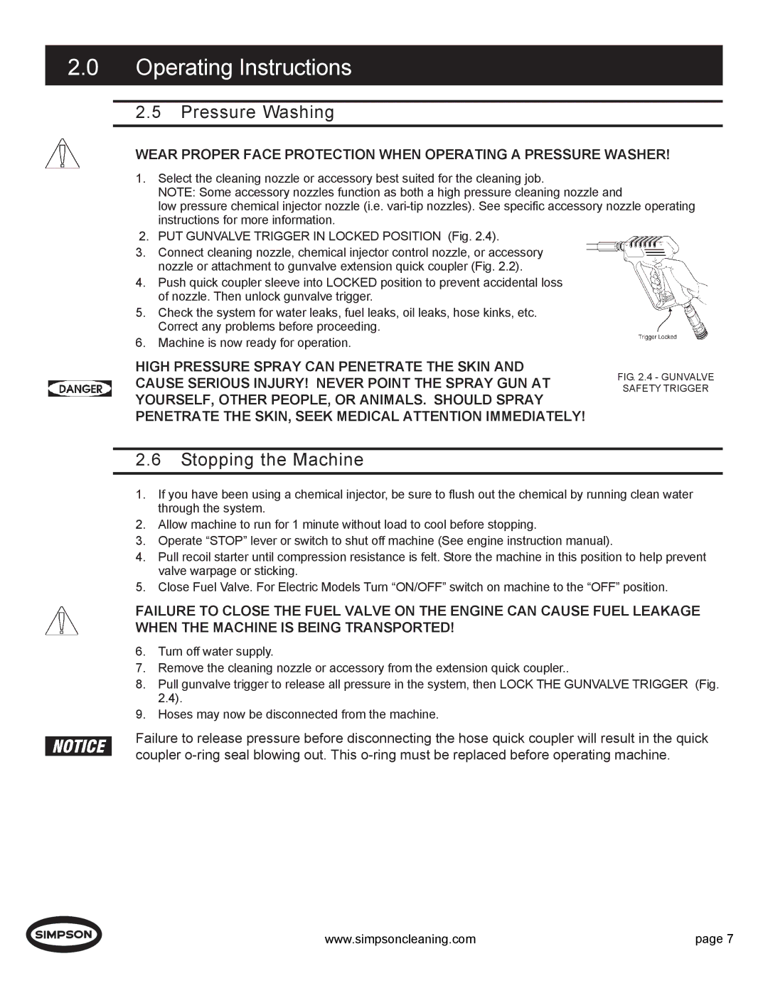 Simpson PS4240H manual Pressure Washing, Stopping the Machine 