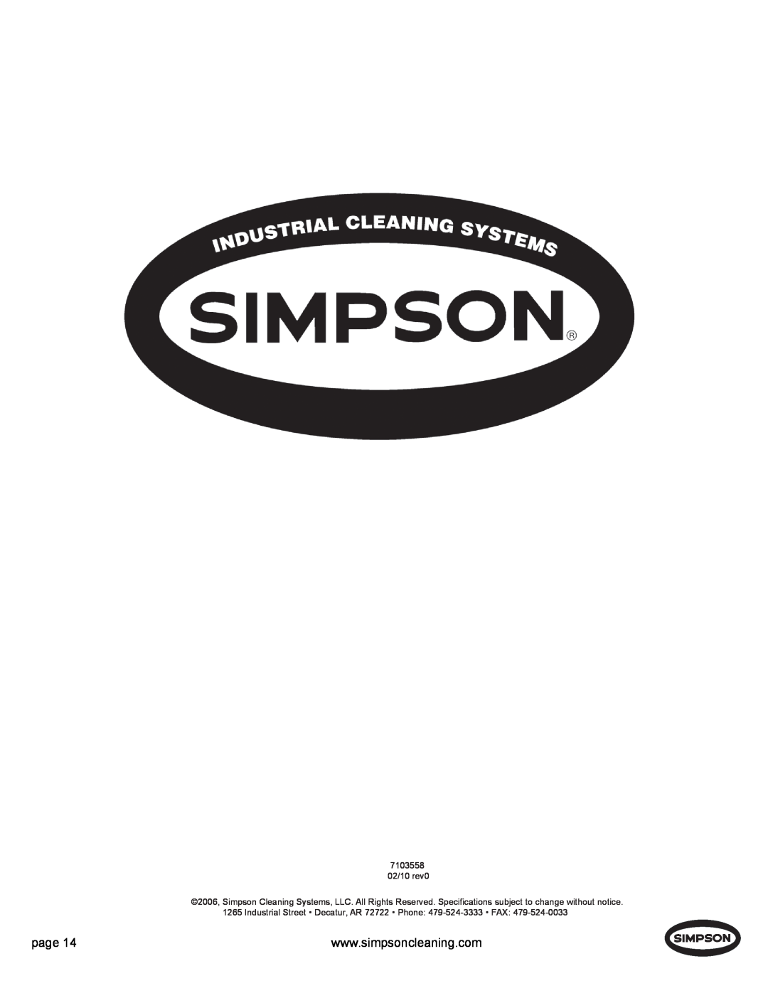 Simpson PS4240H manual page, 7103558 02/10 rev0 