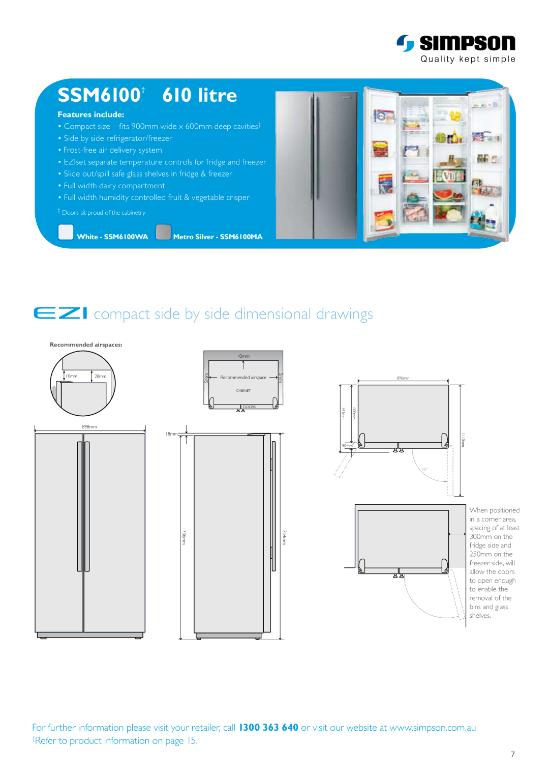 Simpson manual SSM6100† 610 litre, Compact side by side dimensional drawings, Features include, Recommended airspaces 