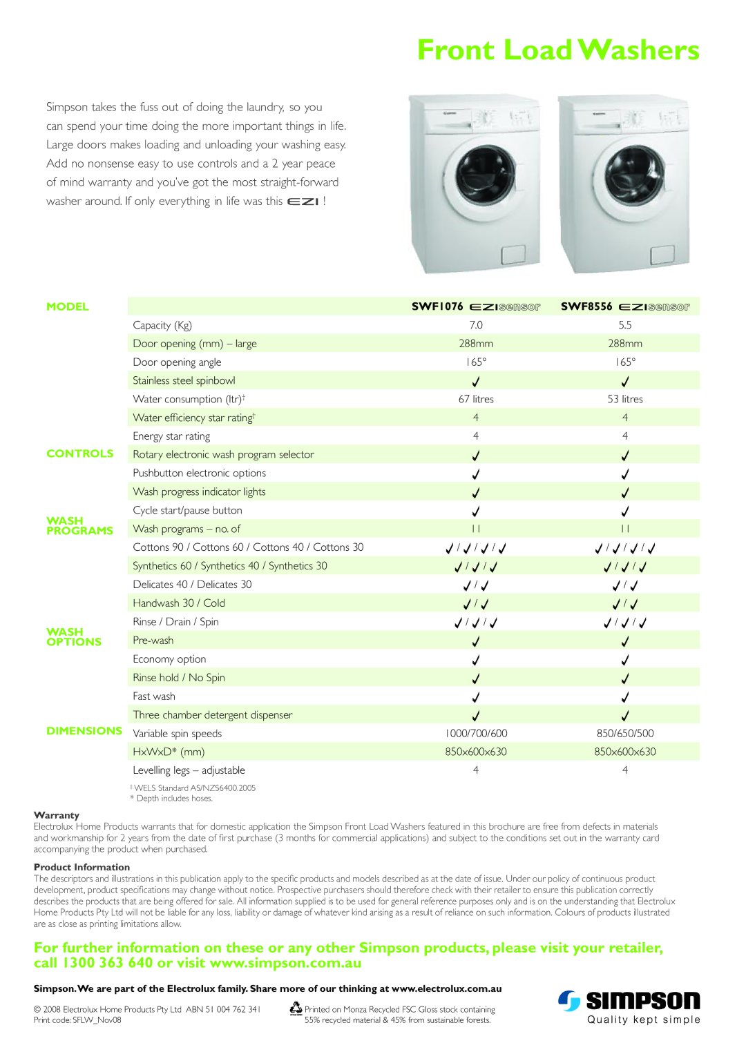 Simpson manual Front Load Washers, Simpson takes the fuss out of doing the laundry, so you, SWF1076 SWF8556 