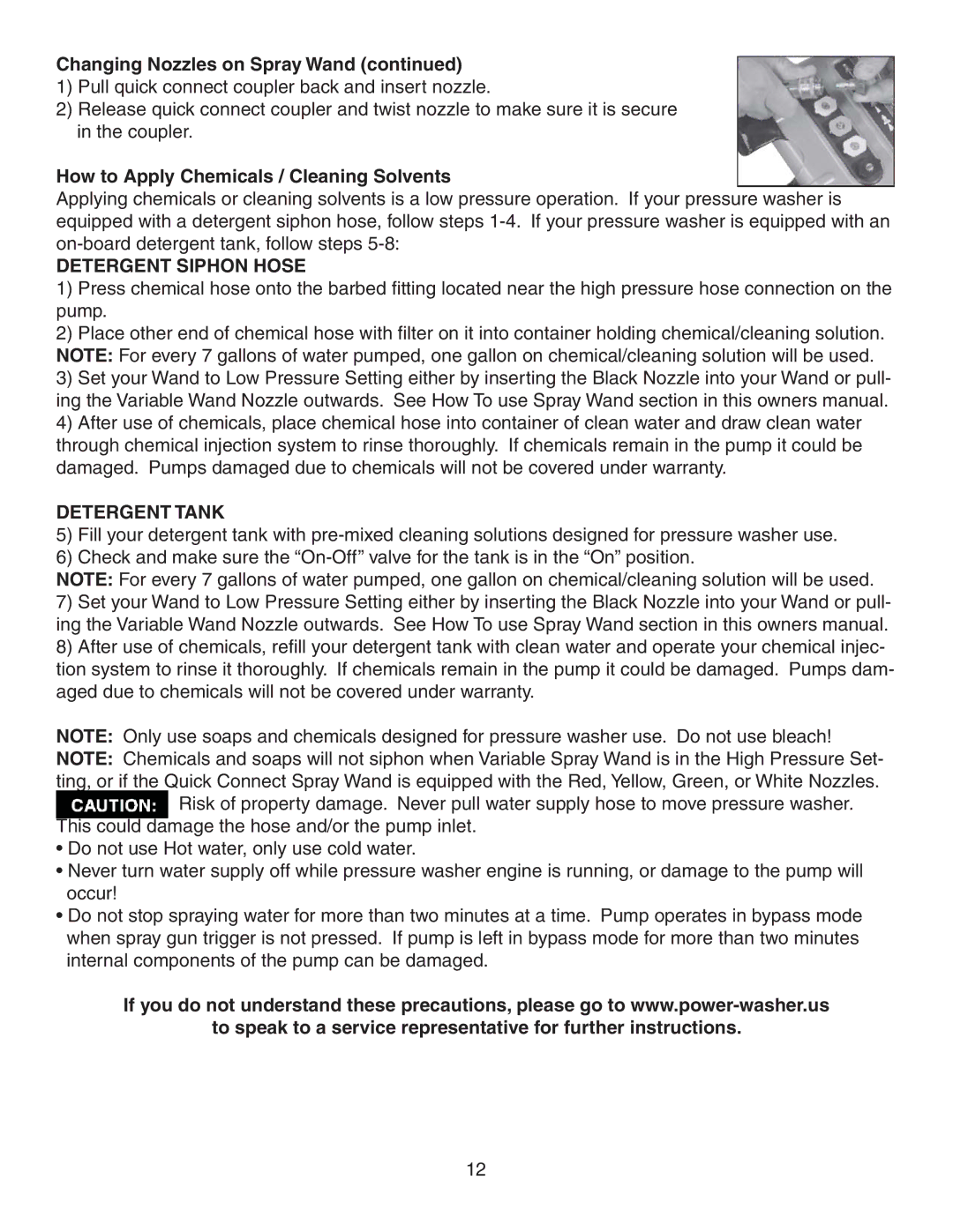 Simpson V3100 warranty Changing Nozzles on Spray Wand, How to Apply Chemicals / Cleaning Solvents, Detergent Siphon Hose 