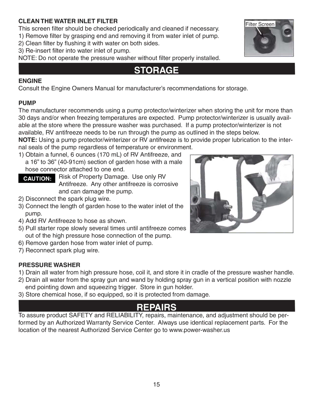 Simpson V3100 warranty Storage, Repairs, Clean the Water Inlet Filter, Engine Pump, Pressure Washer 