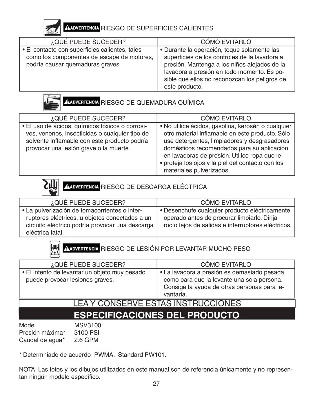 Simpson V3100 warranty Especificaciones DEL Producto, Riesgo DE Quemadura Química, Riesgo DE Descarga Eléctrica 