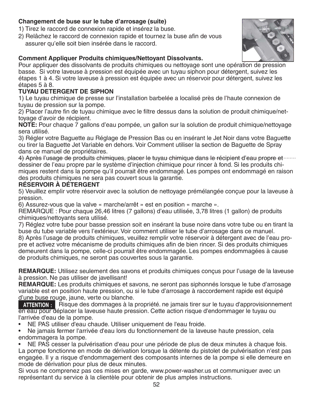 Simpson V3100 Changement de buse sur le tube d’arrosage suite, Comment Appliquer Produits chimiques/Nettoyant Dissolvants 